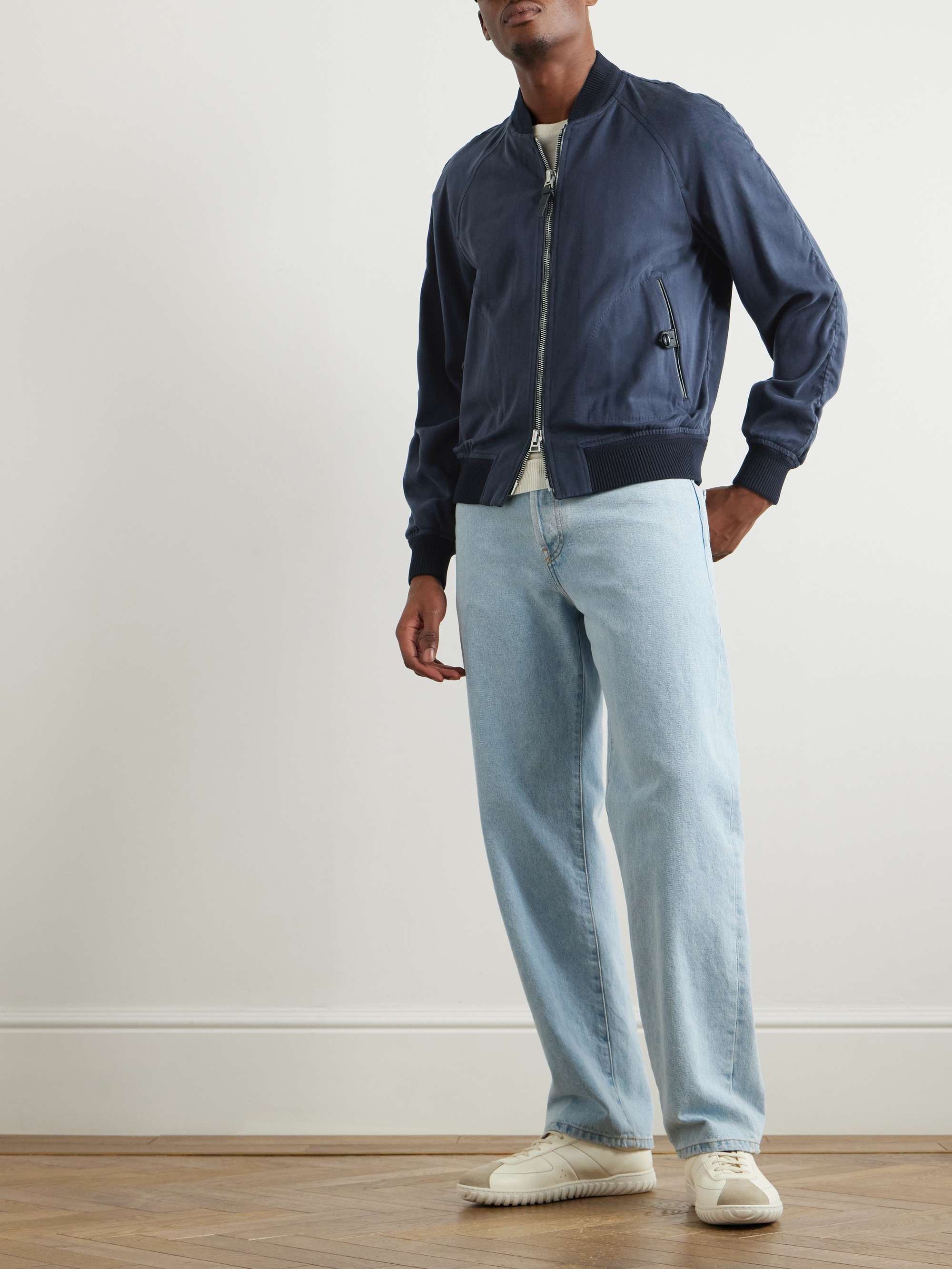 Leather-Trimmed Lyocell-Twill Bomber Jacket view