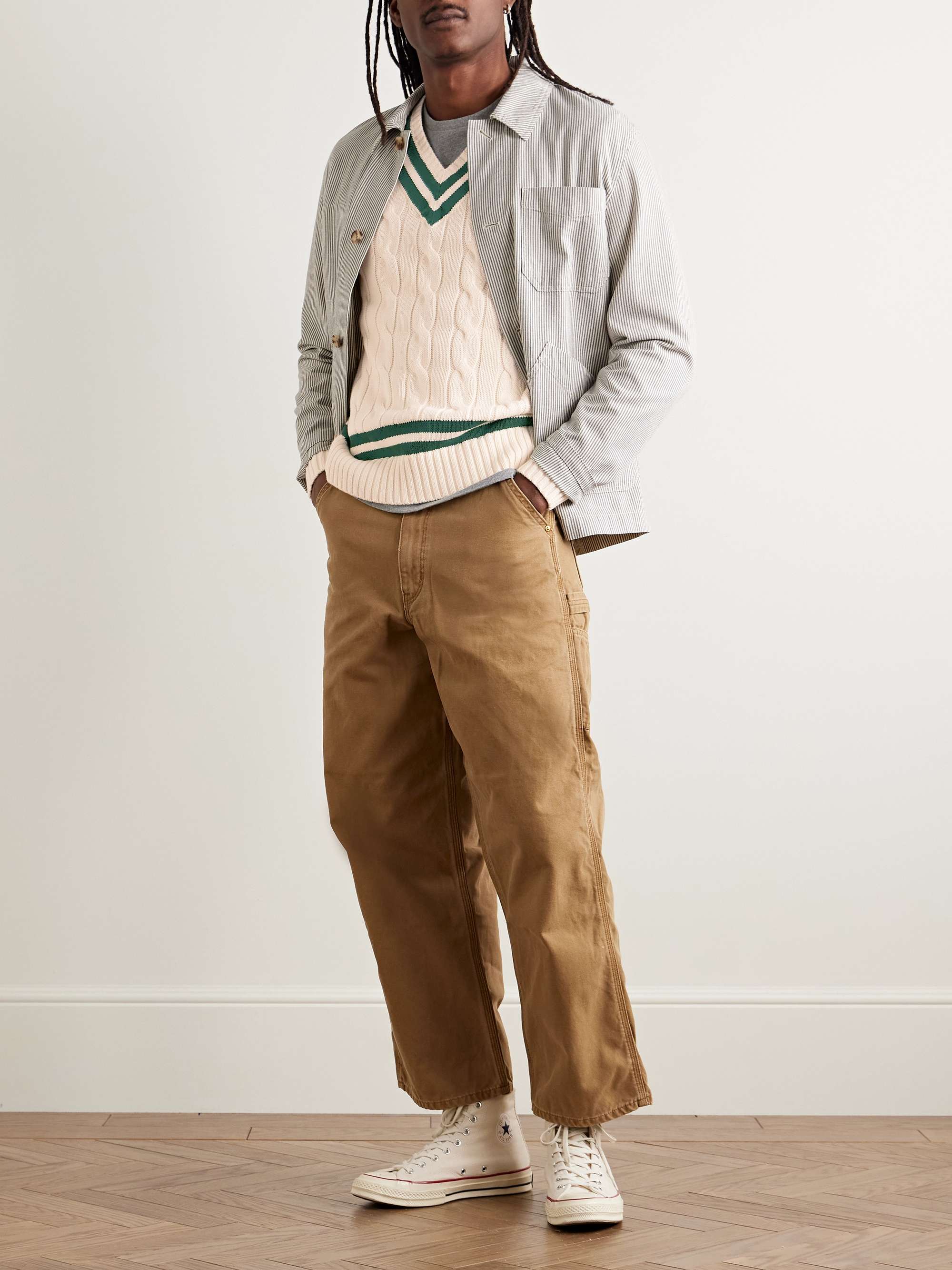 Slim-Fit Cable-Knit Striped Cotton Sweater view