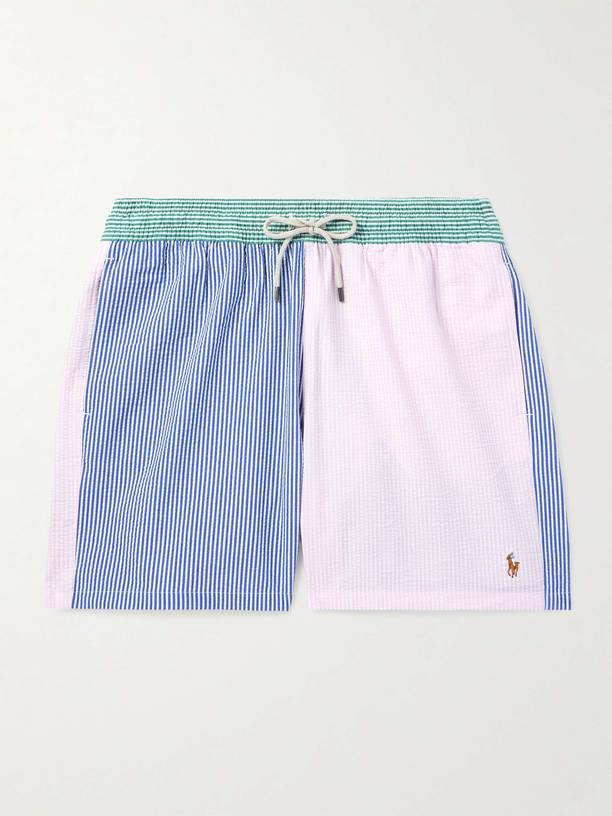 Straight-Leg Mid-Length Logo-Embroidered Striped Cotton-Blend Seersucker Swim Shorts view