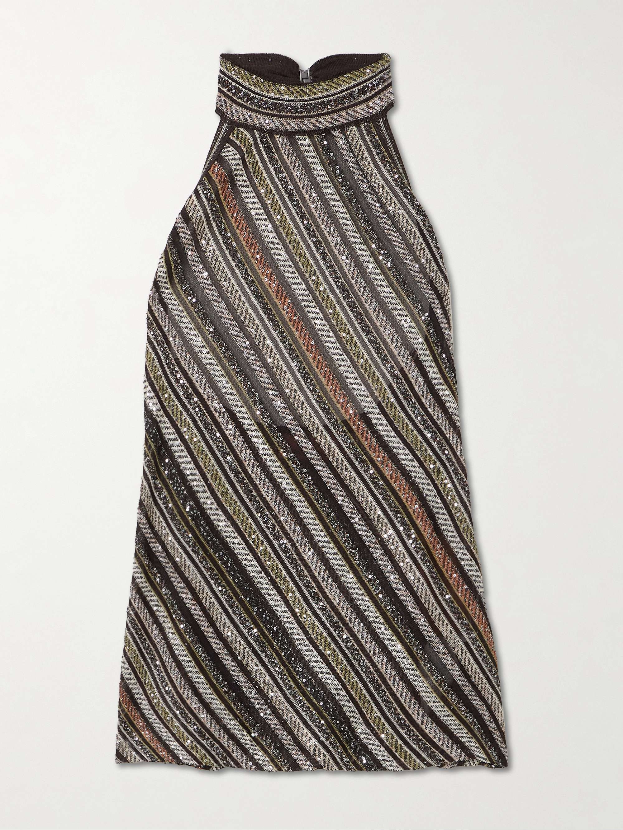 Sequined striped crochet-knit halterneck top view