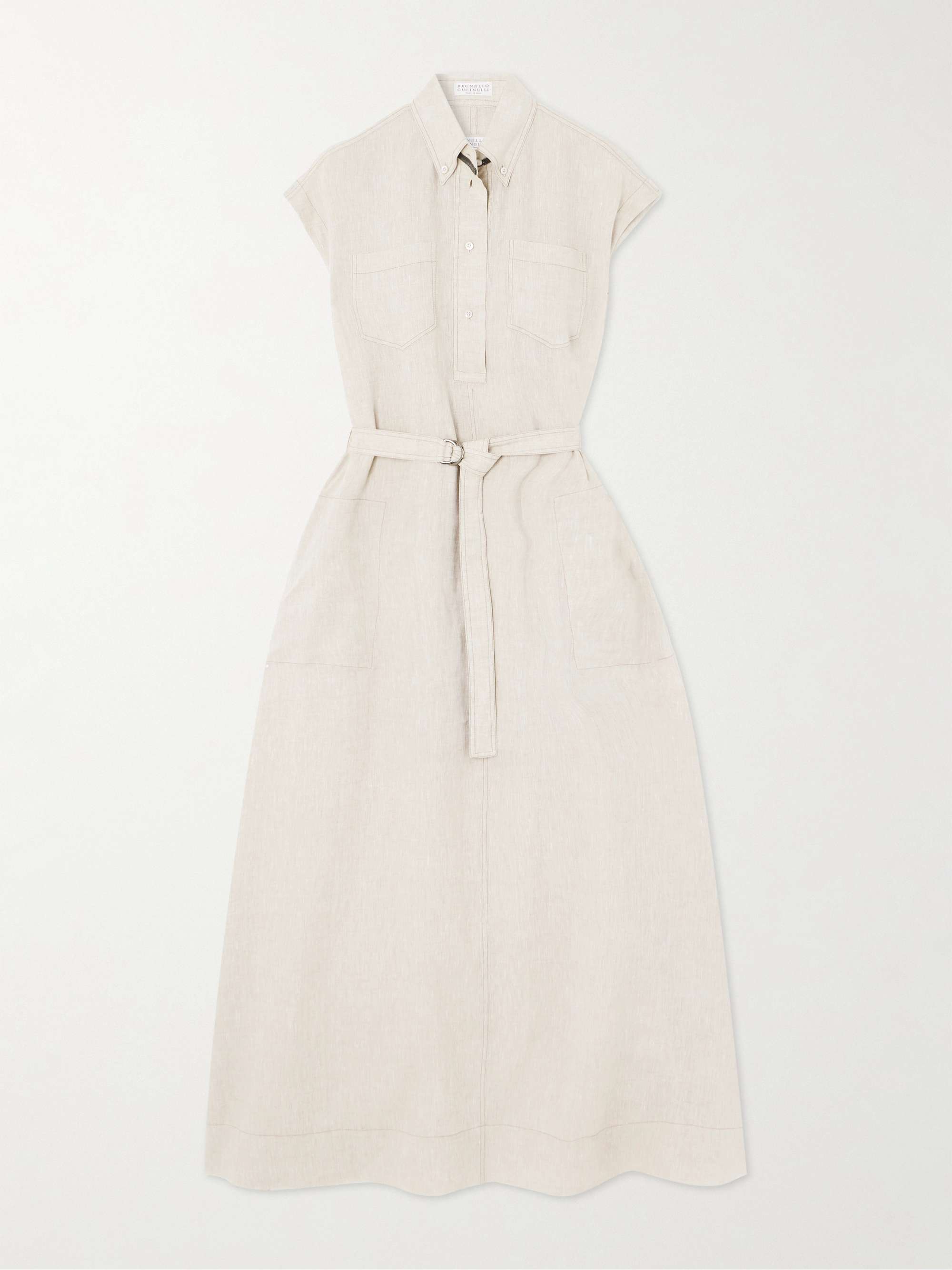 Belted bead-embellished linen midi dress view