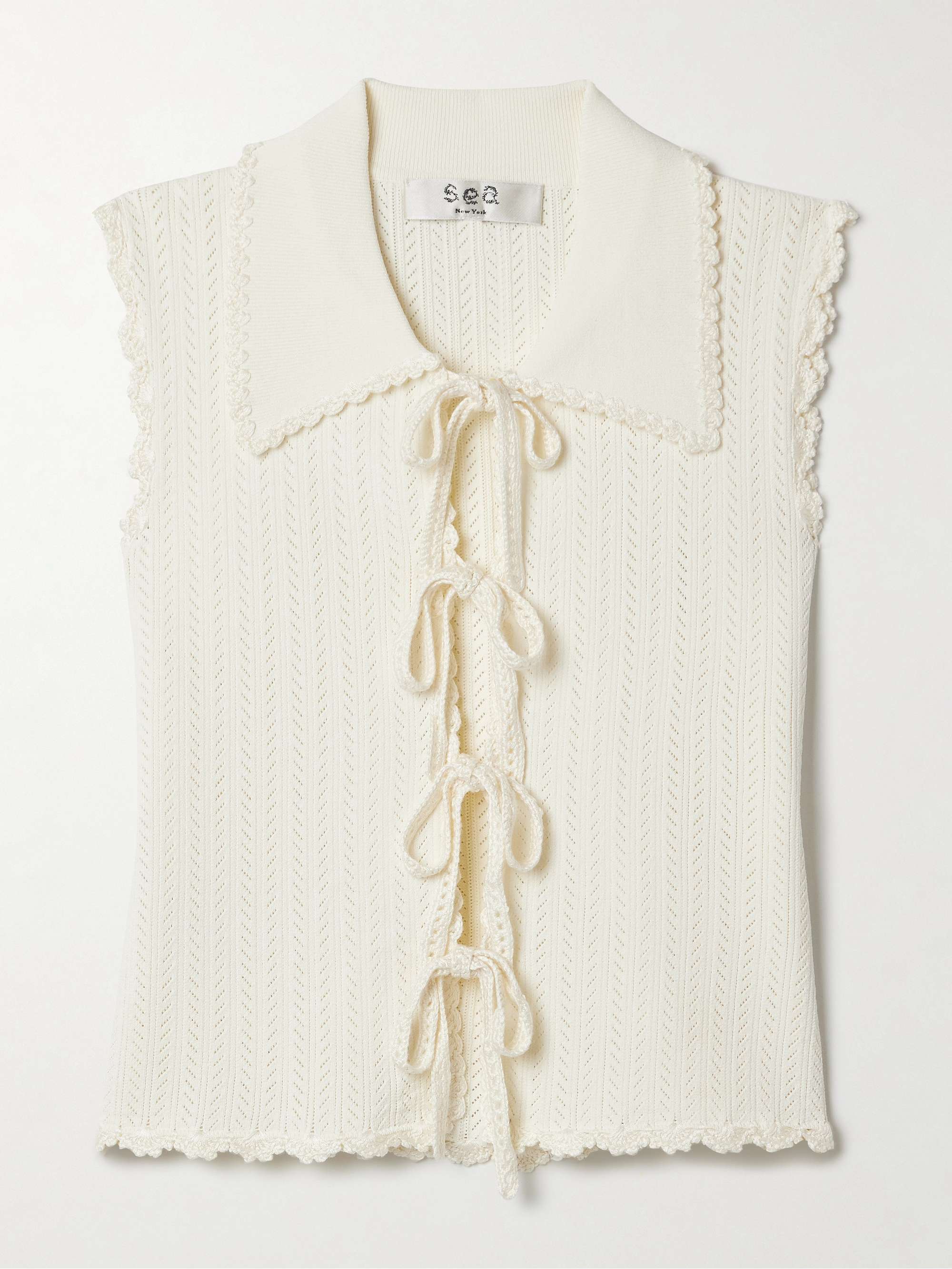 Abbie tie-front crocheted cotton-trimmed pointelle-knit top view