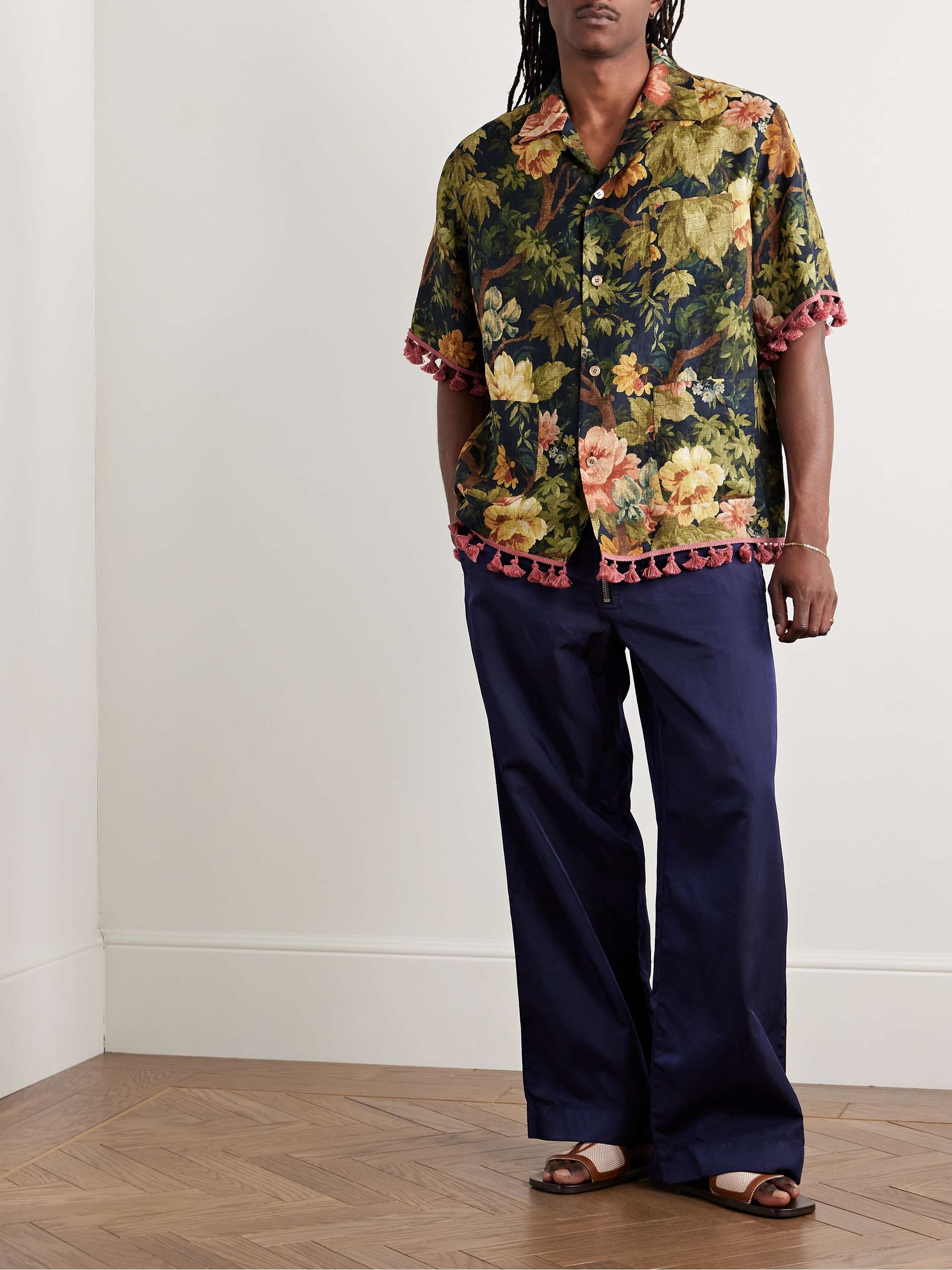 Camp-Collar Tasselled Floral-Print Linen Shirt view
