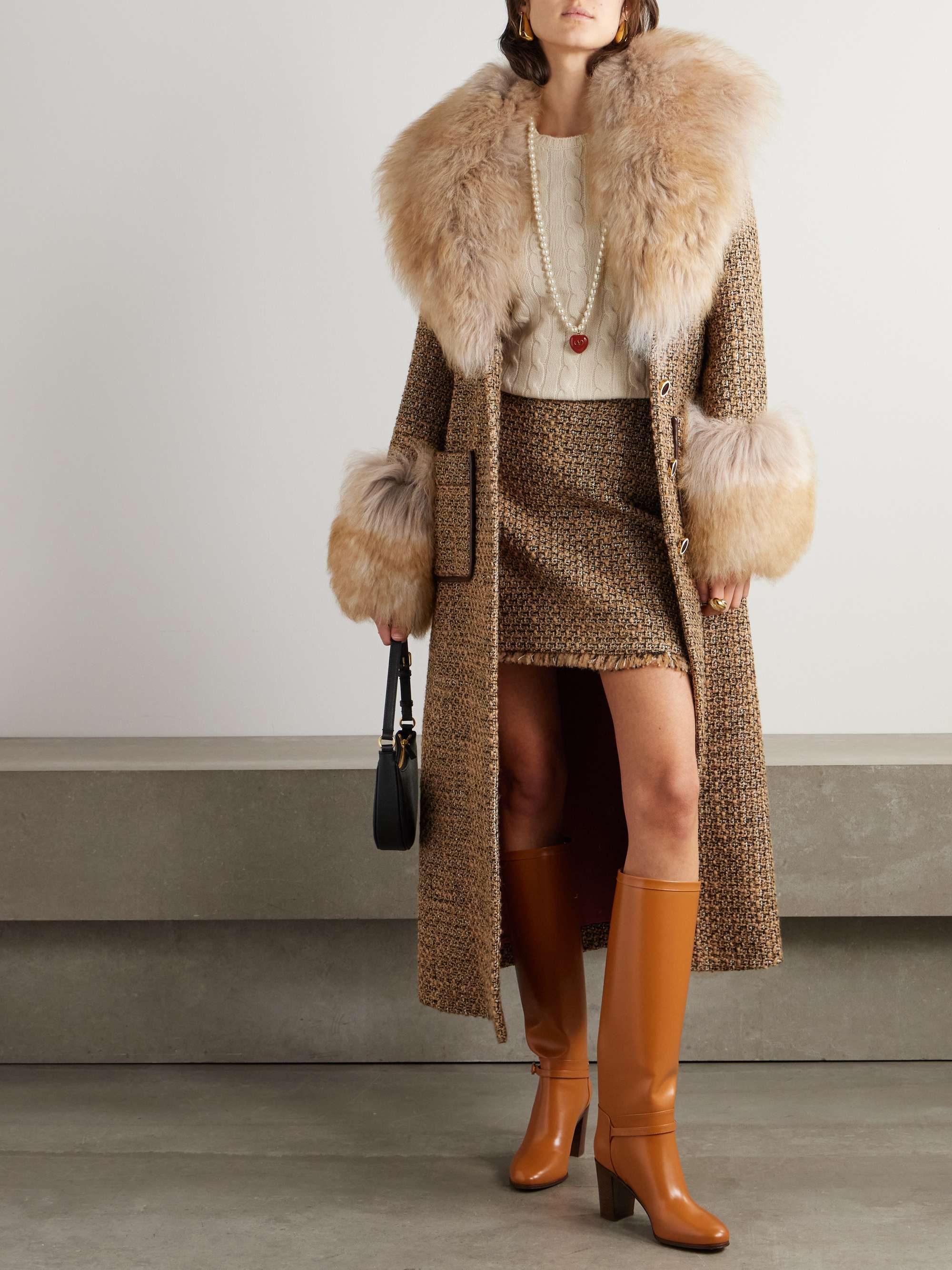 Faux fur-trimmed belted wool-blend tweed coat view
