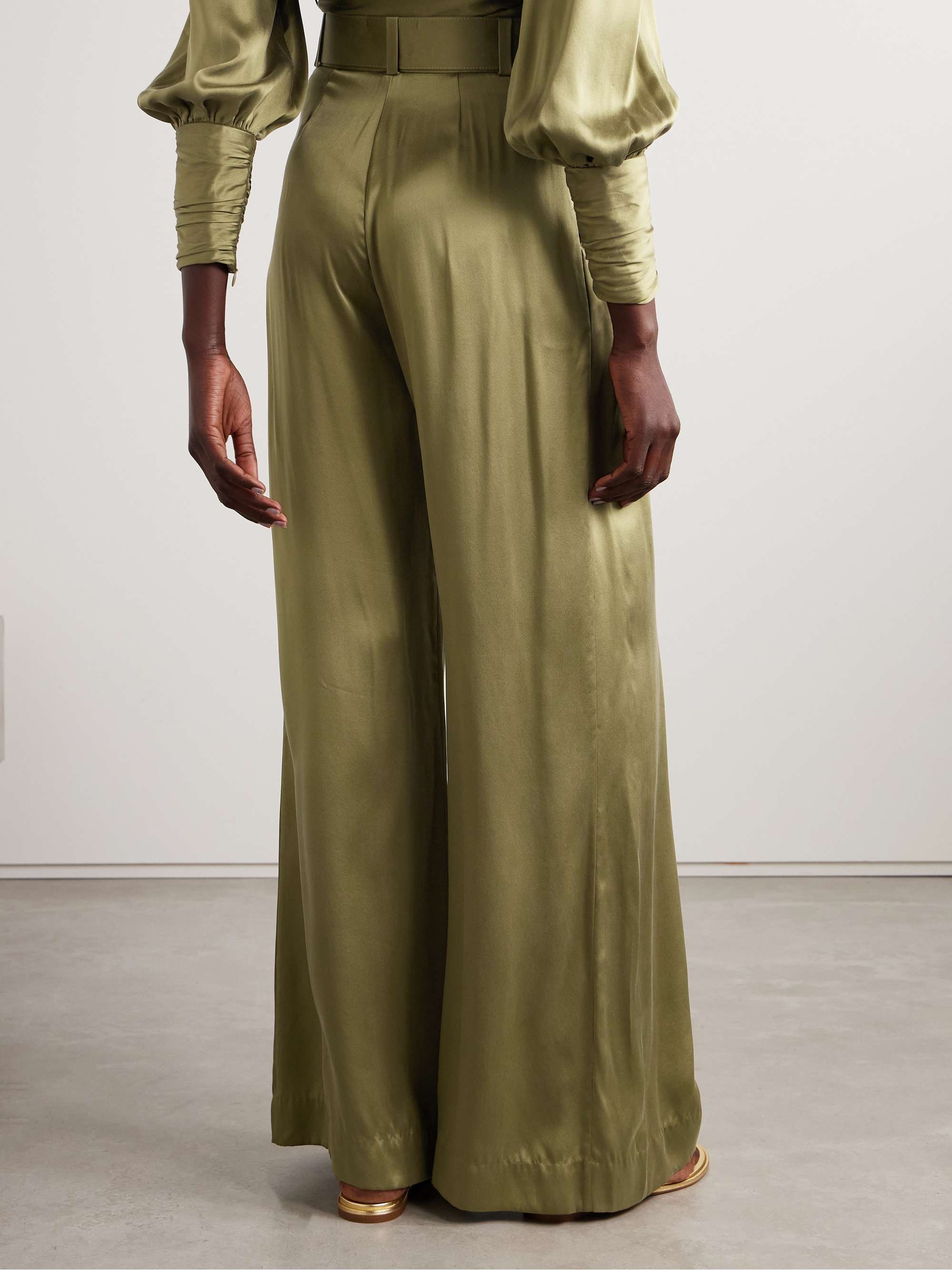 Belted pleated silk-satin wide-leg pants view