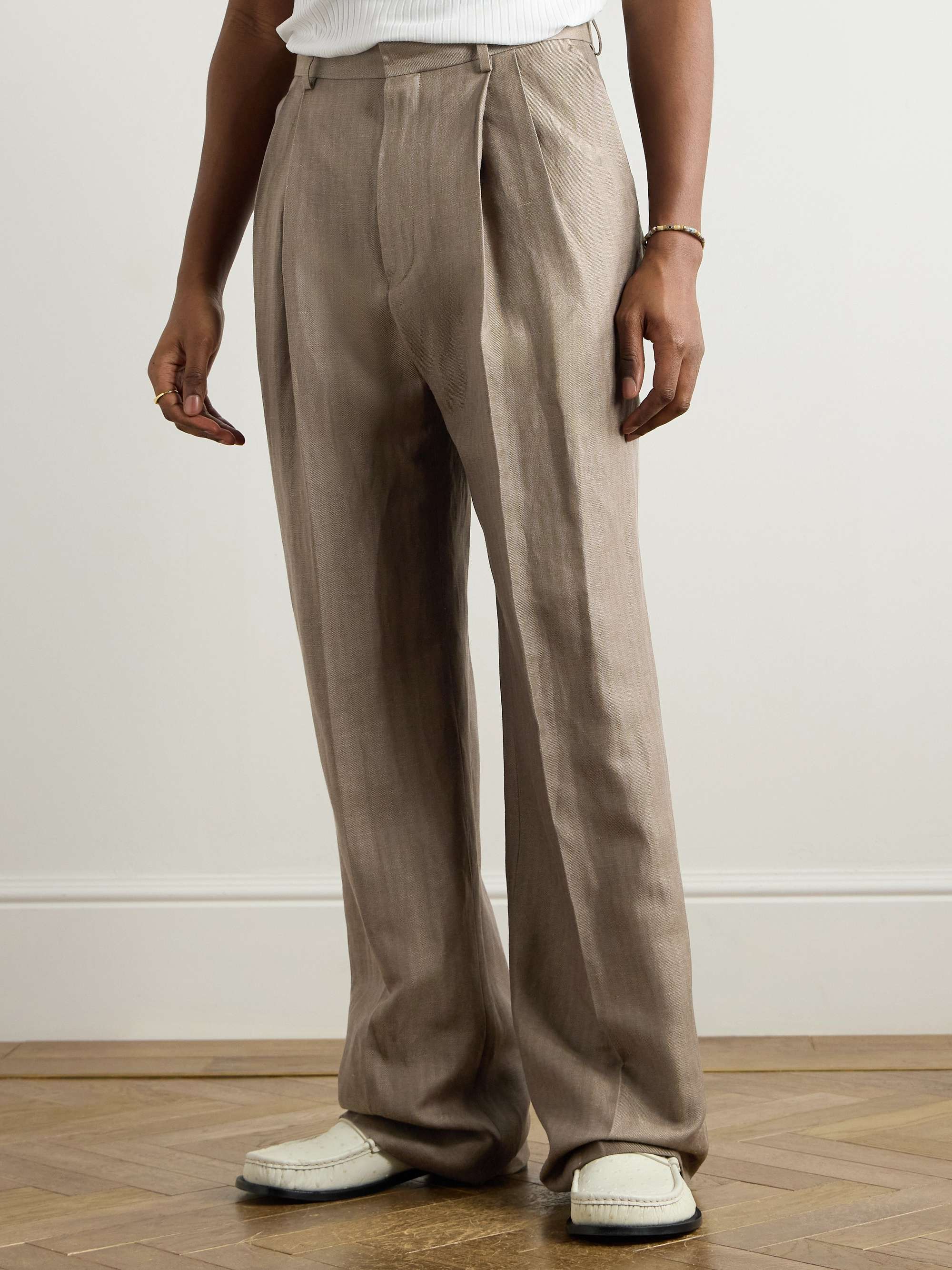Wide-Leg Pleated Striped Linen and Wool-Blend Twill Trousers view