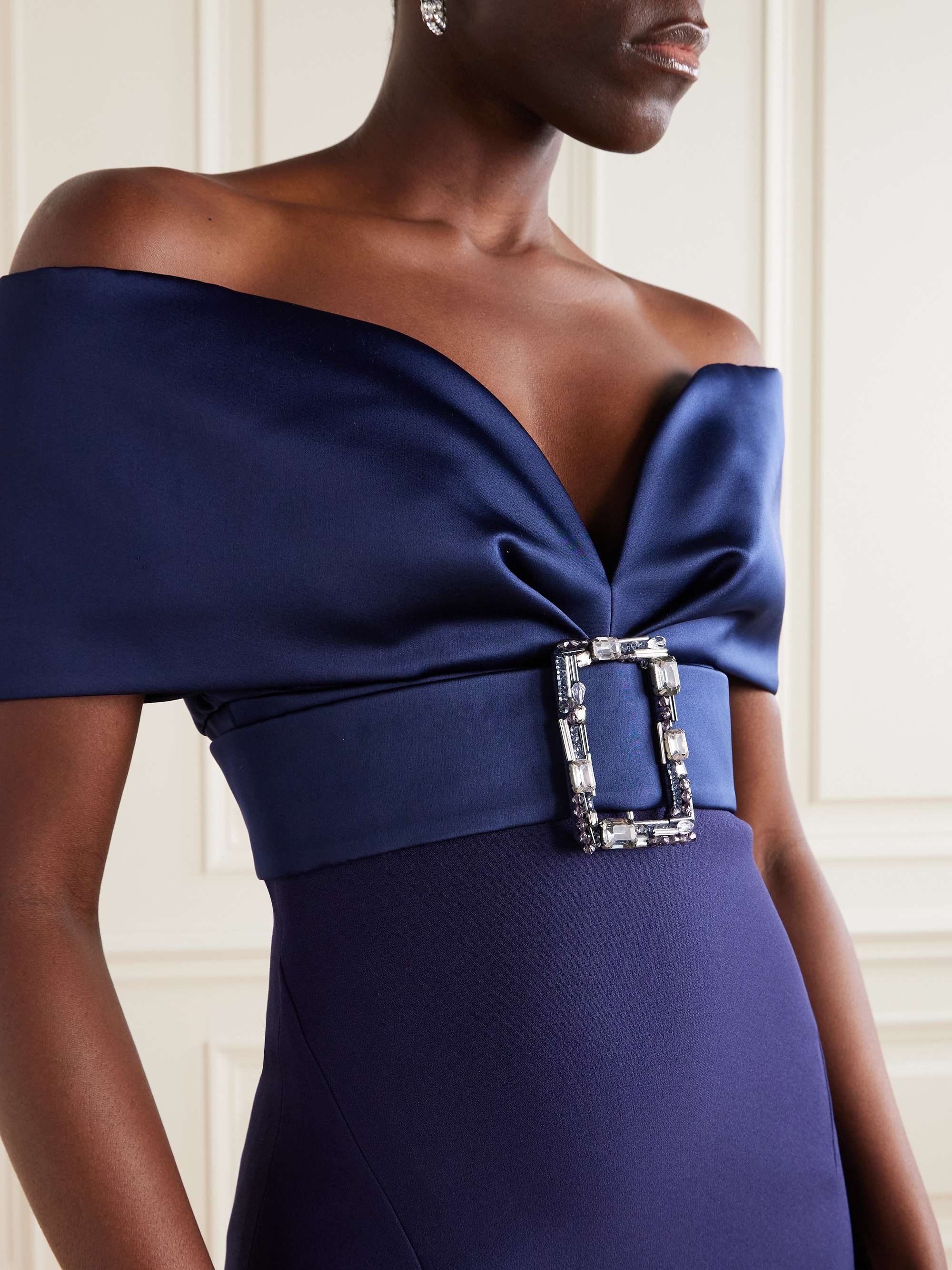 Off-the-shoulder crystal-embellished belted crepe gown view