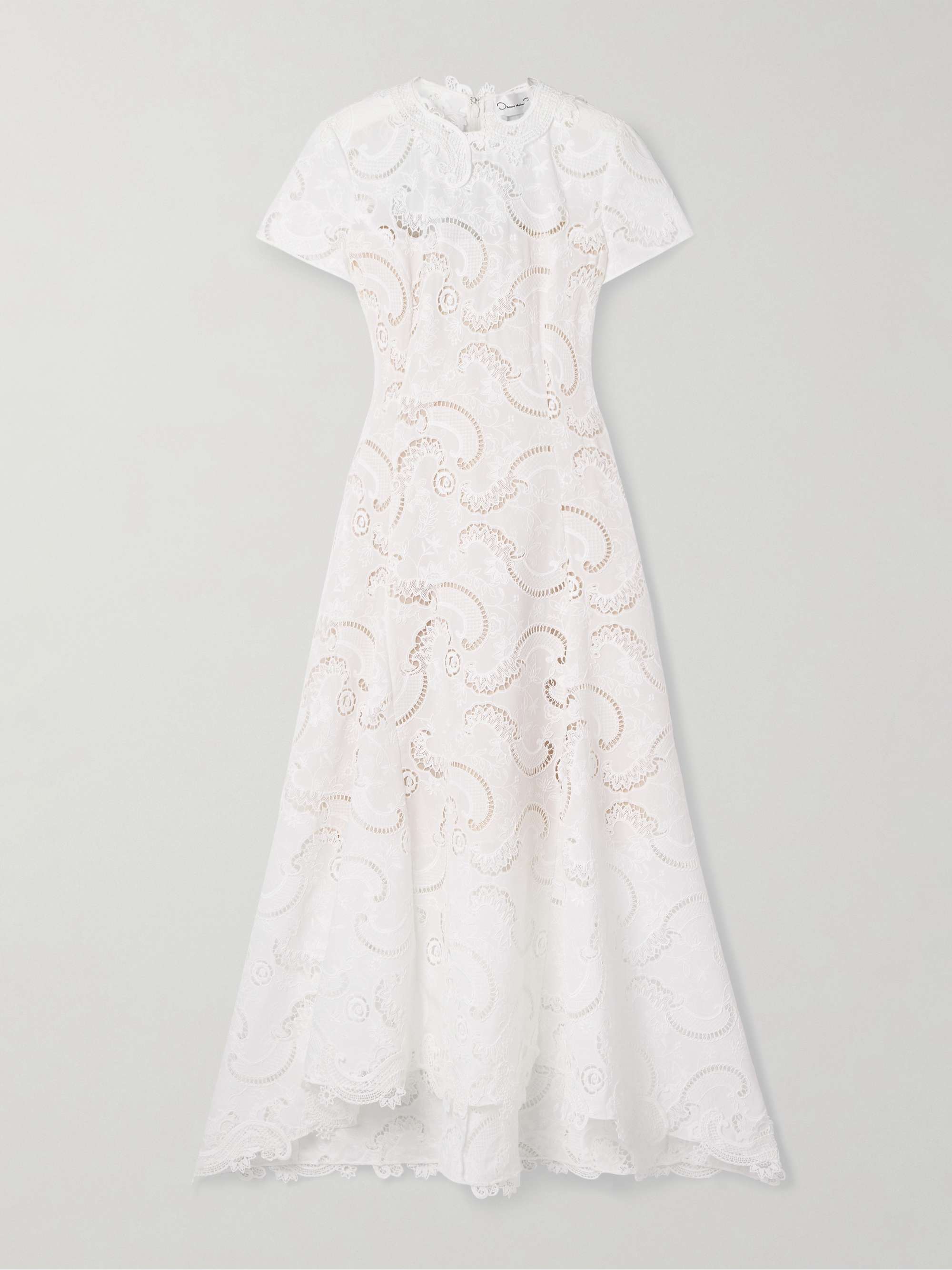 Scroll asymmetric guipure lace midi dress view