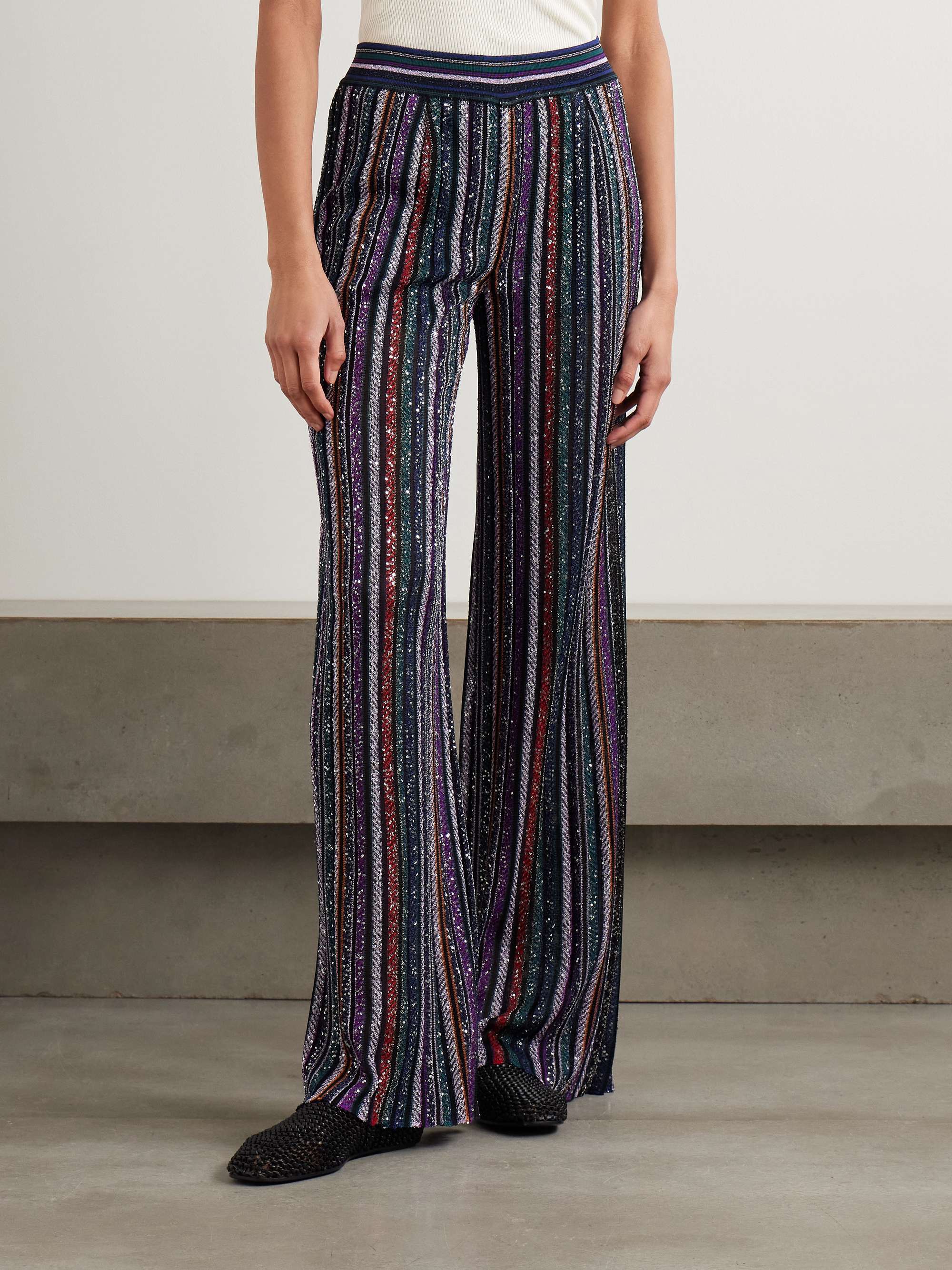 Sequined striped metallic crochet-knit wide-leg pants view