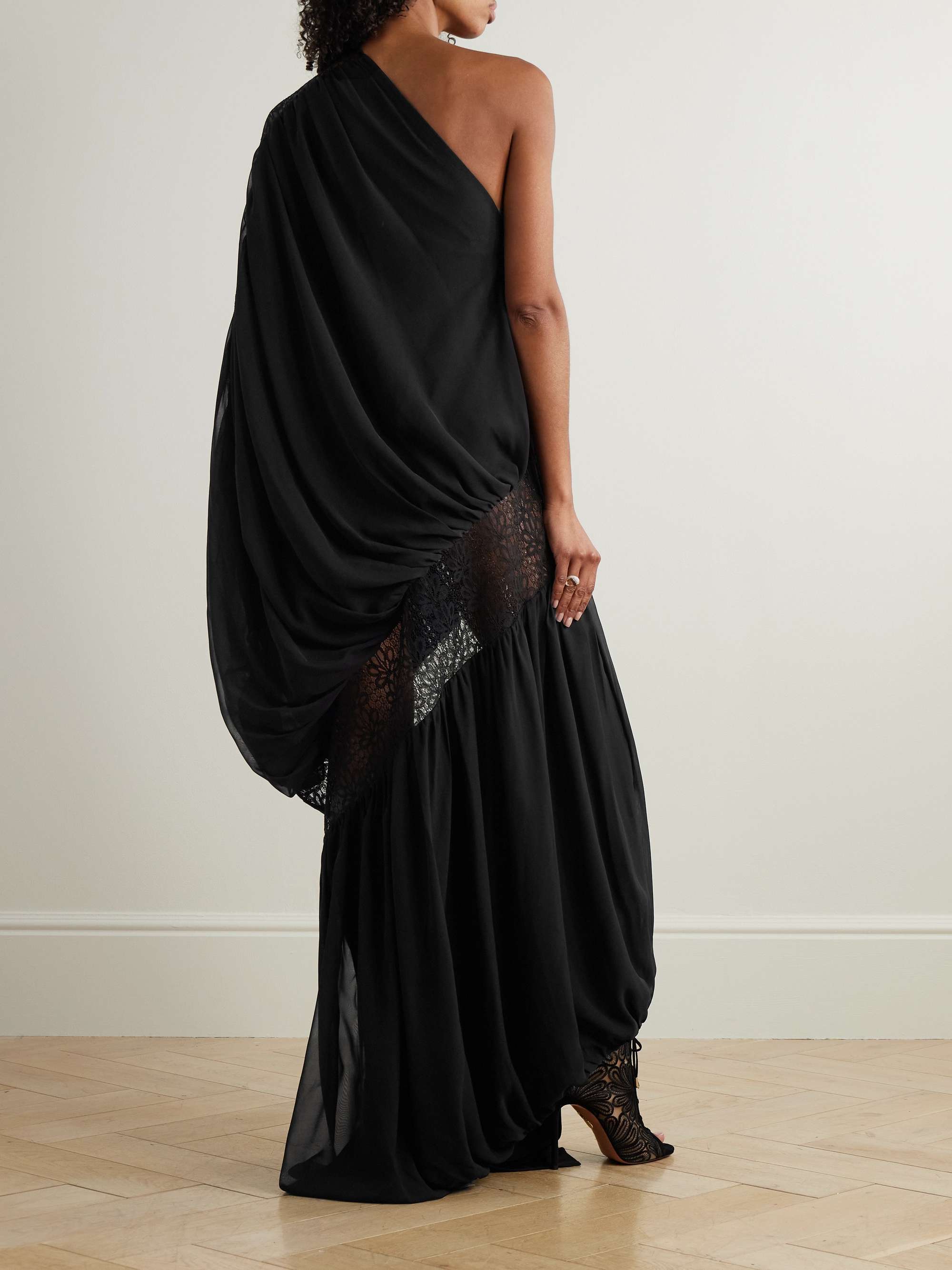 One-shoulder draped georgette and lace gown view