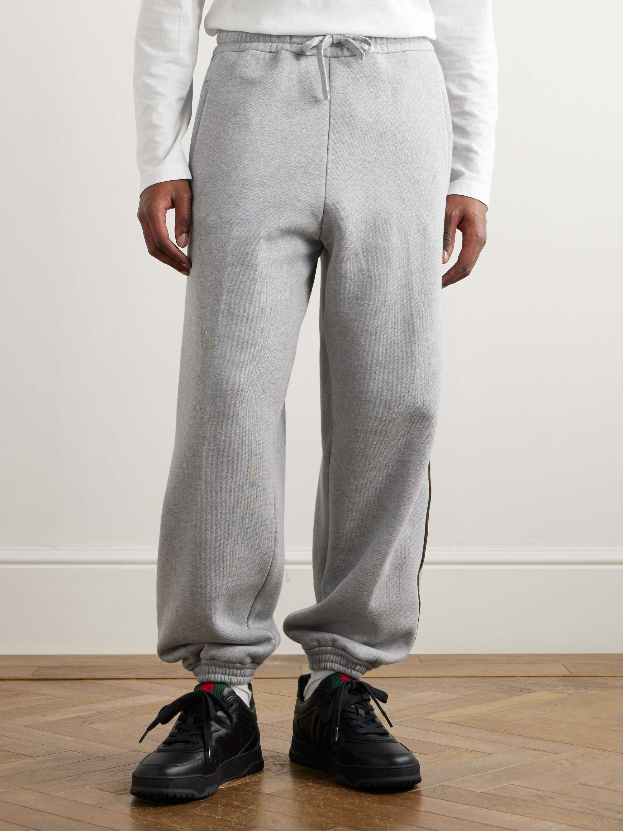 Tapered Webbing-Trimmed Logo-Embroidered Cotton-Jersey Sweatpants view