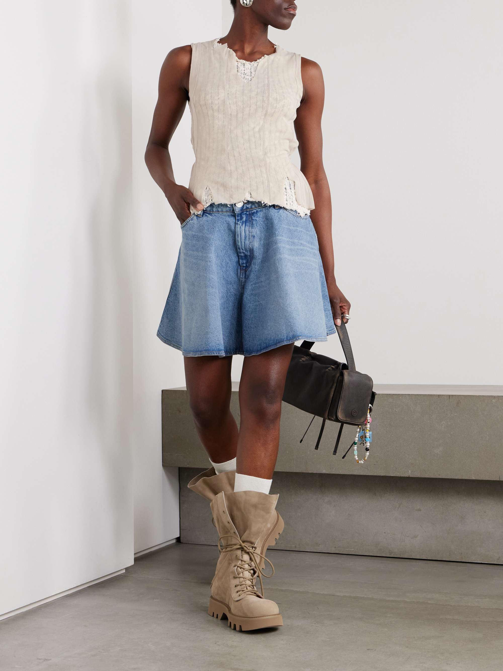 Ragged distressed mesh and cotton-blend crochet tank view