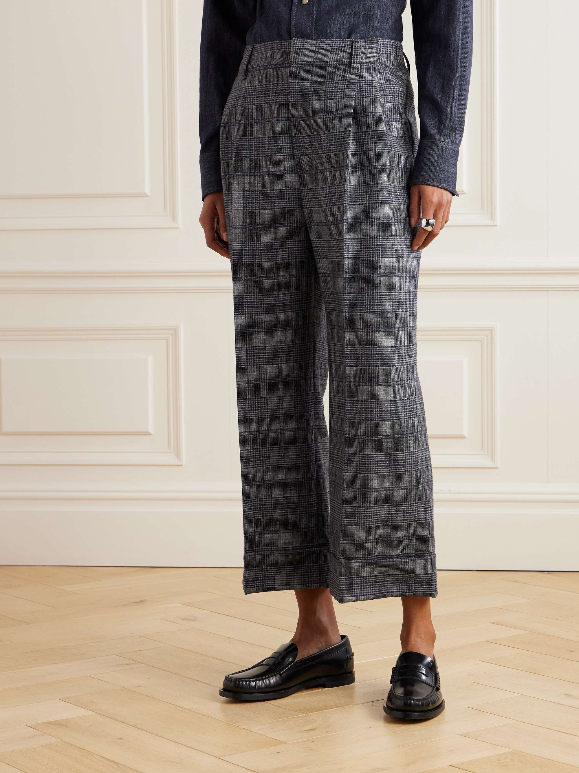 Cropped bead-embellished pleated Prince of Wales checked wool wide-leg pants view