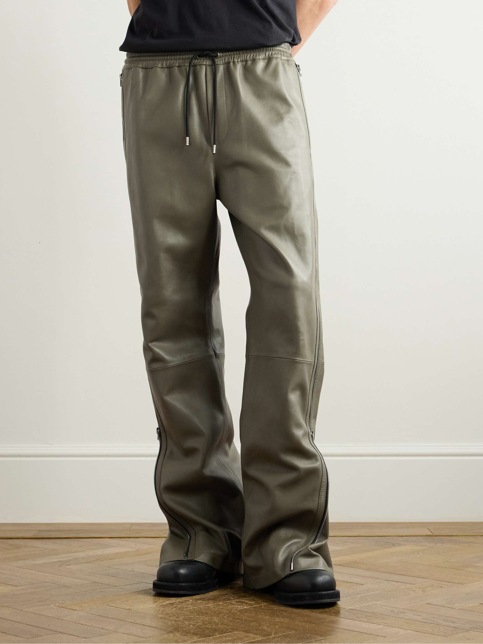 Straight-Leg Zip-Detailed Leather Drawstring Trousers view