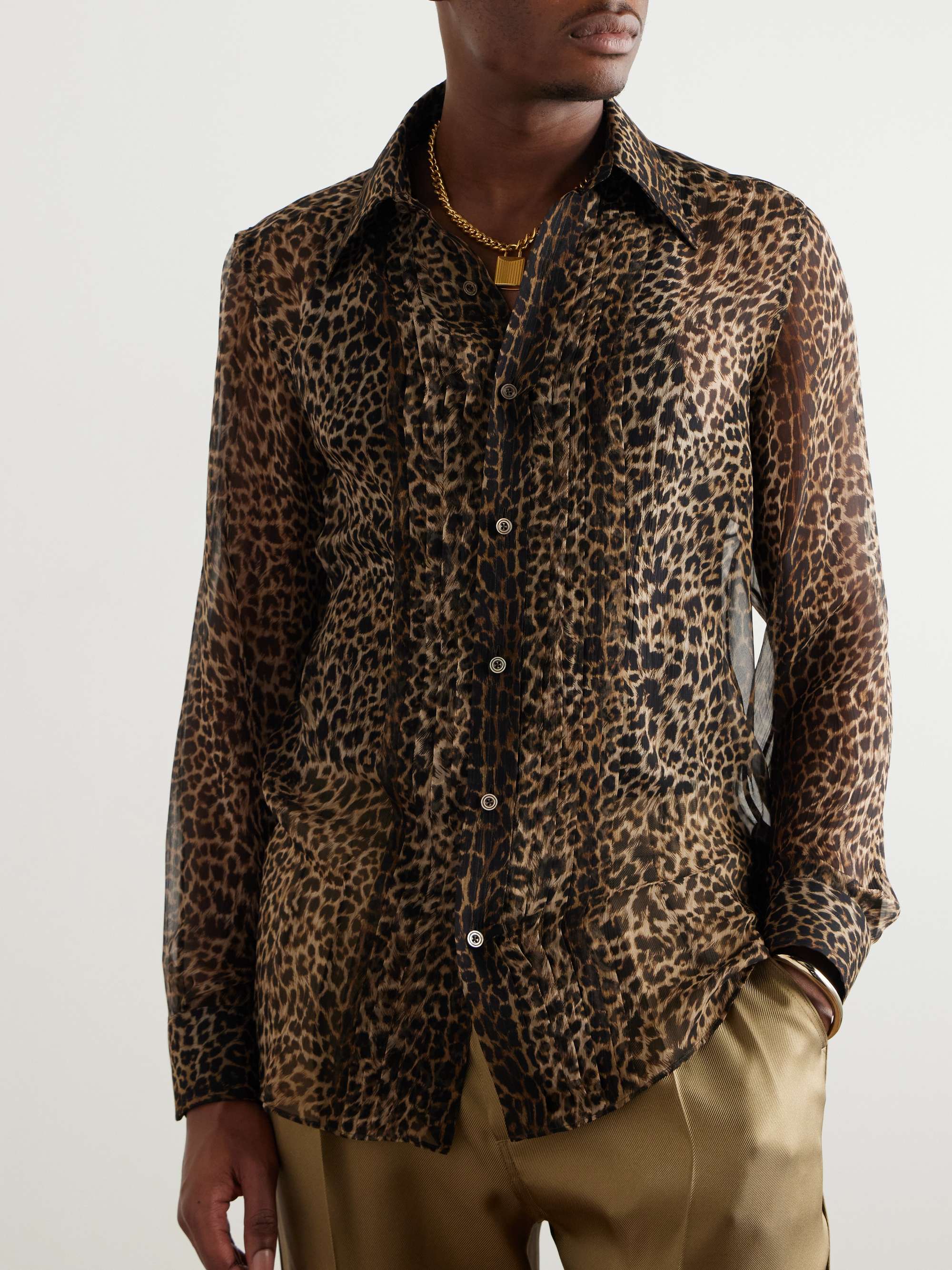 Pleated Leopard-Print Silk-Chiffon Shirt view