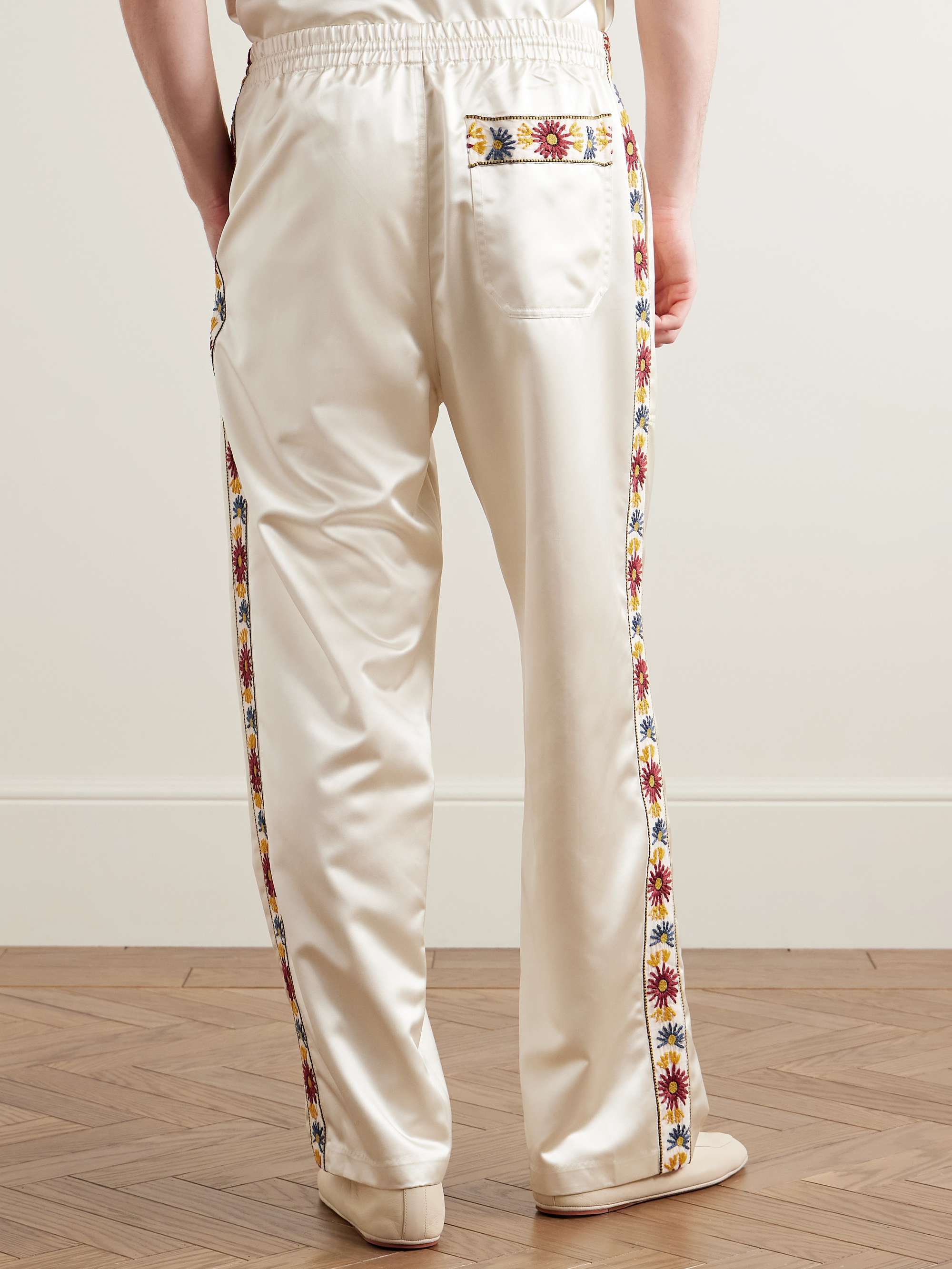 Candyfloss Straight-Leg Embroidered Voile-Trimmed Satin Track Pants view