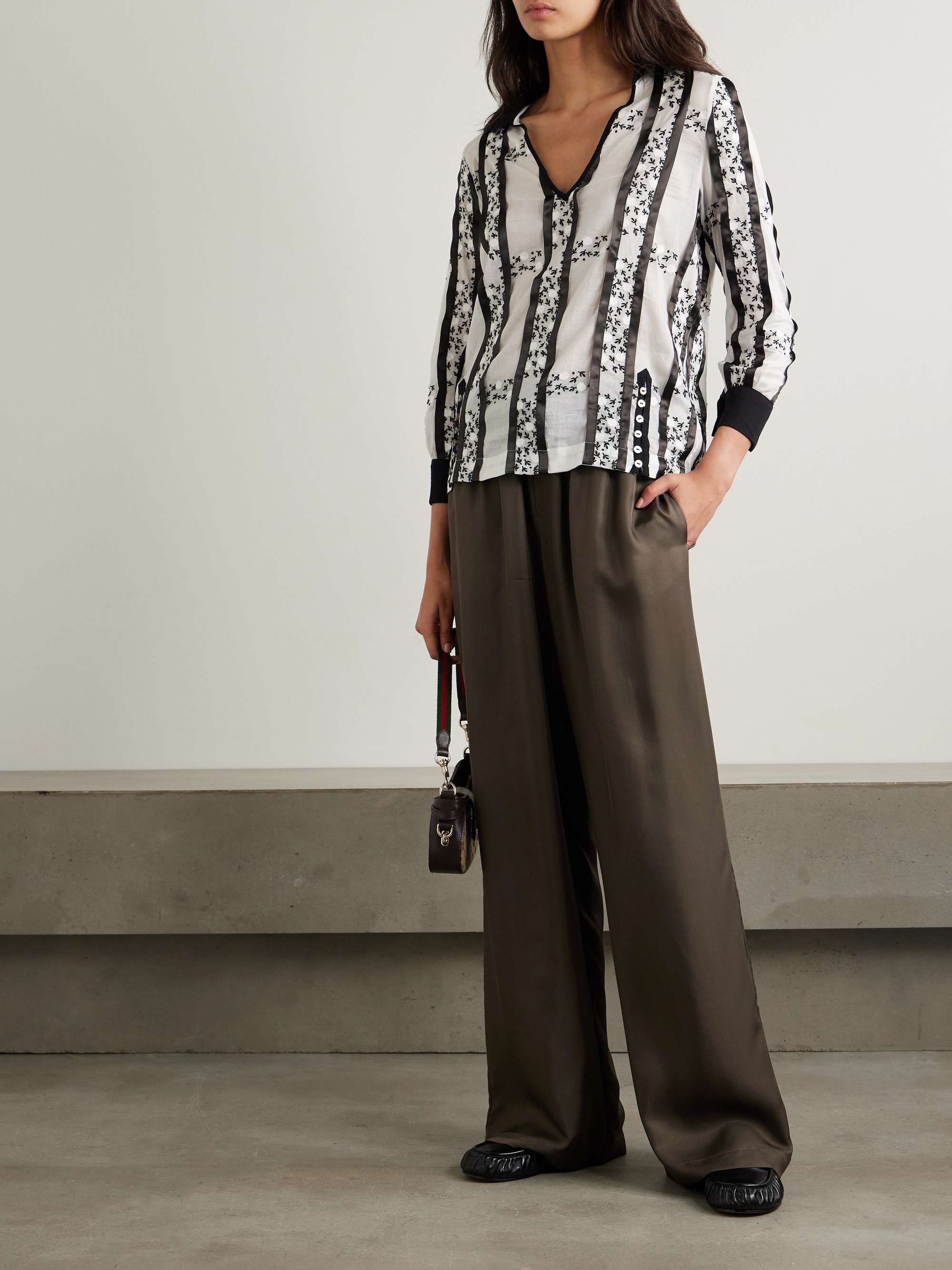 Lattice Sprig embroidered button-embellished satin-trimmed cotton blouse view