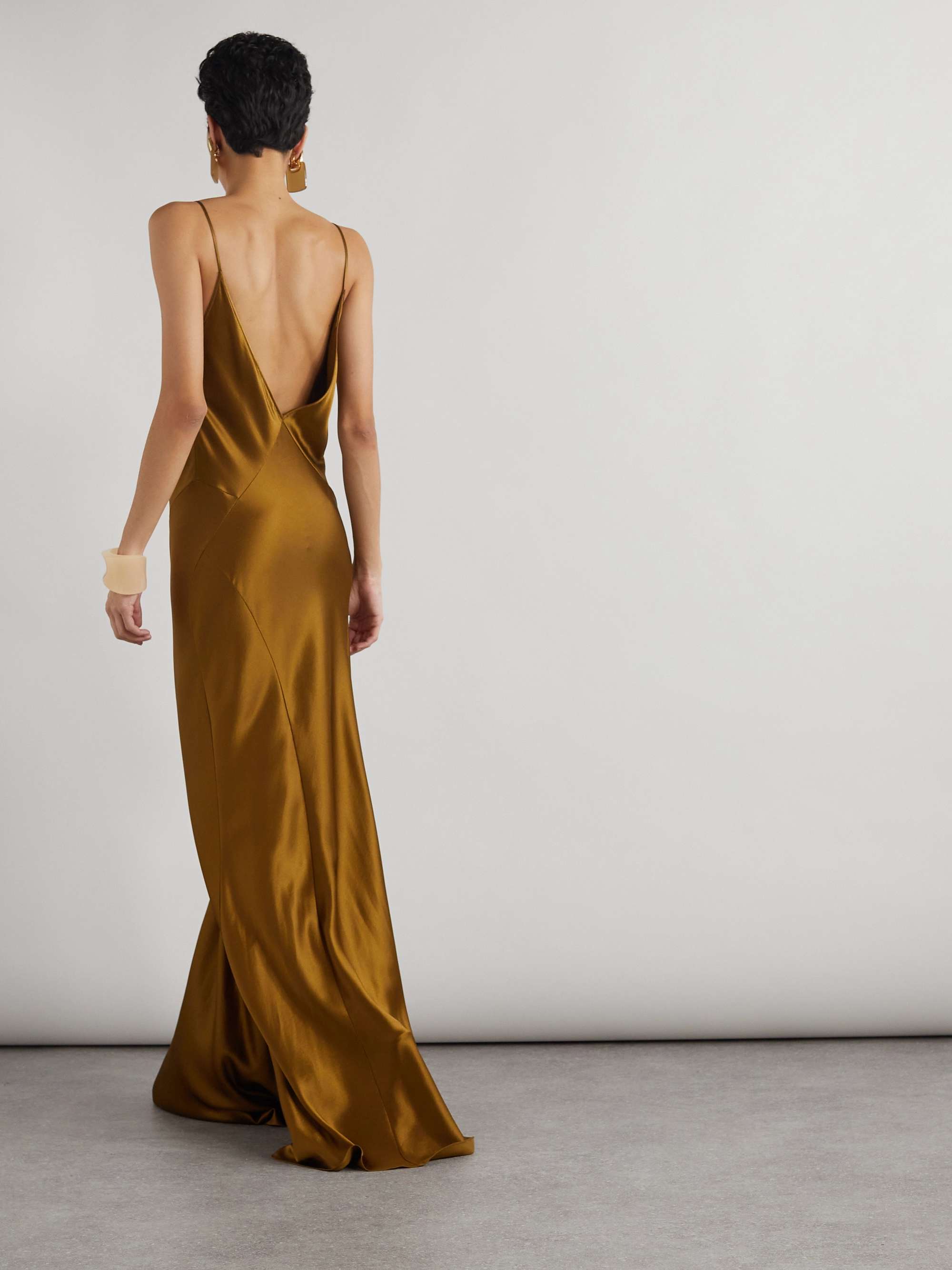 Open-back paneled silk-satin gown view