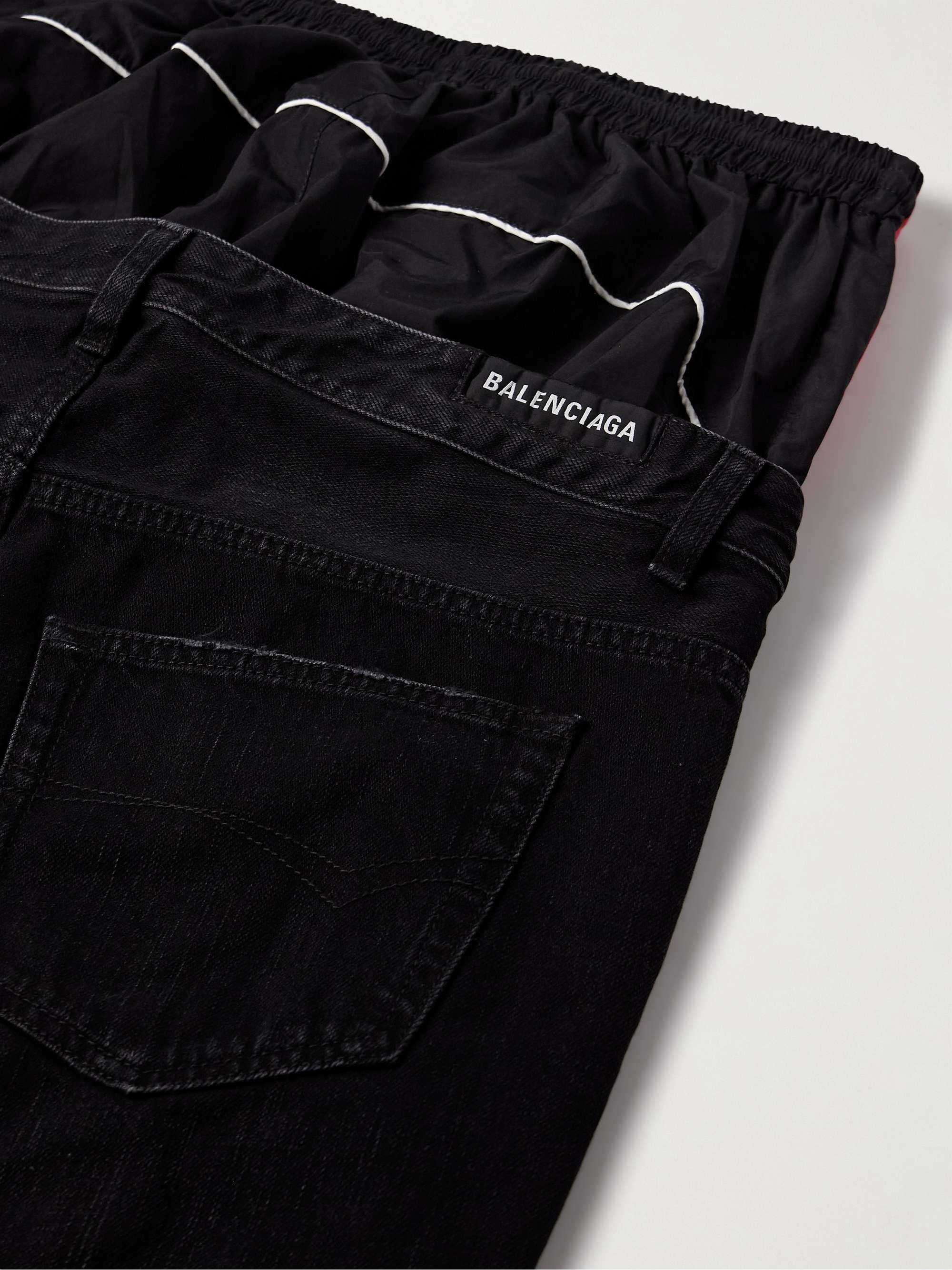 Layered Shell-Trimmed Distressed Flared Jeans view