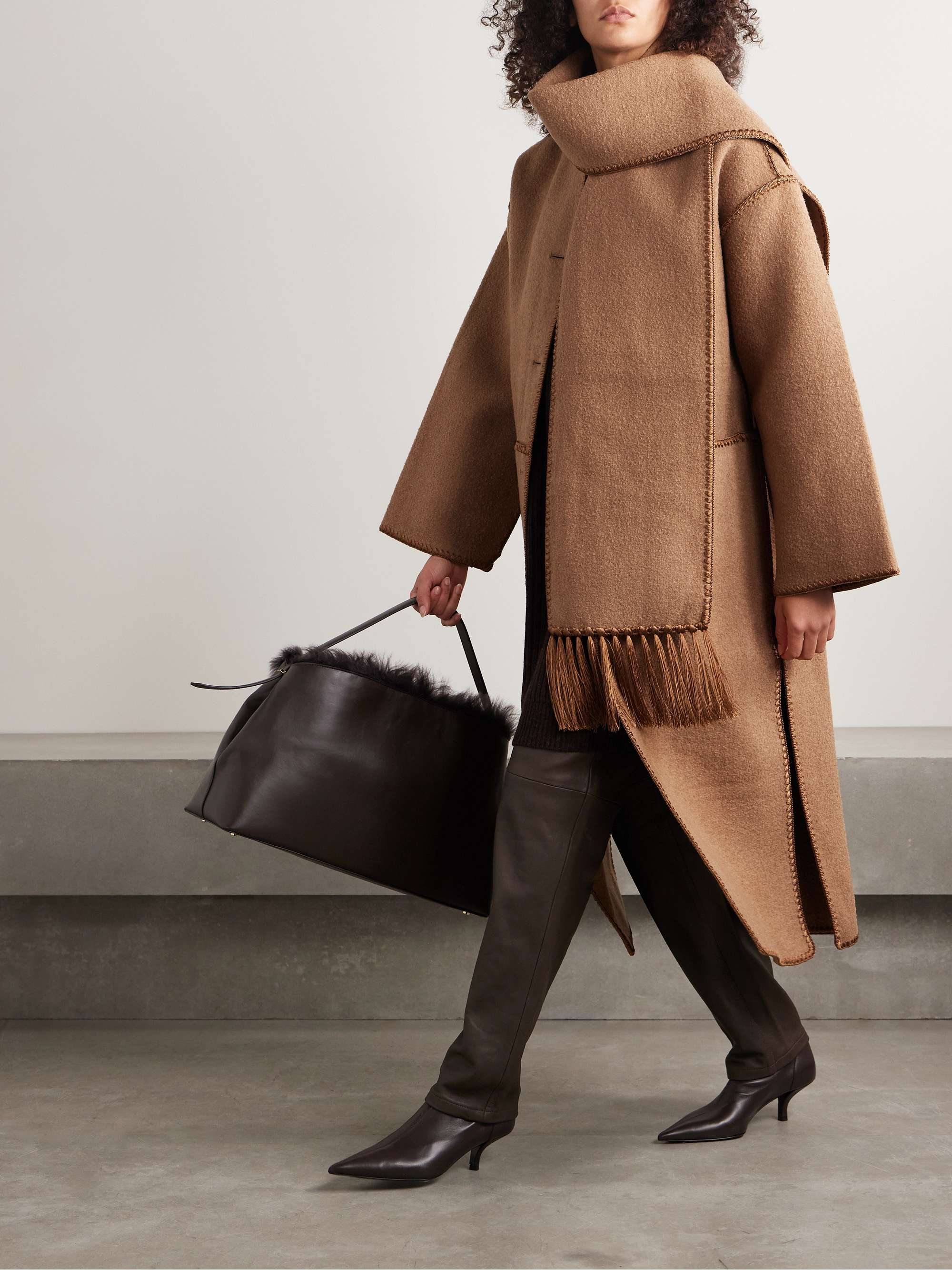Draped fringed wool-blend bouclé coat view