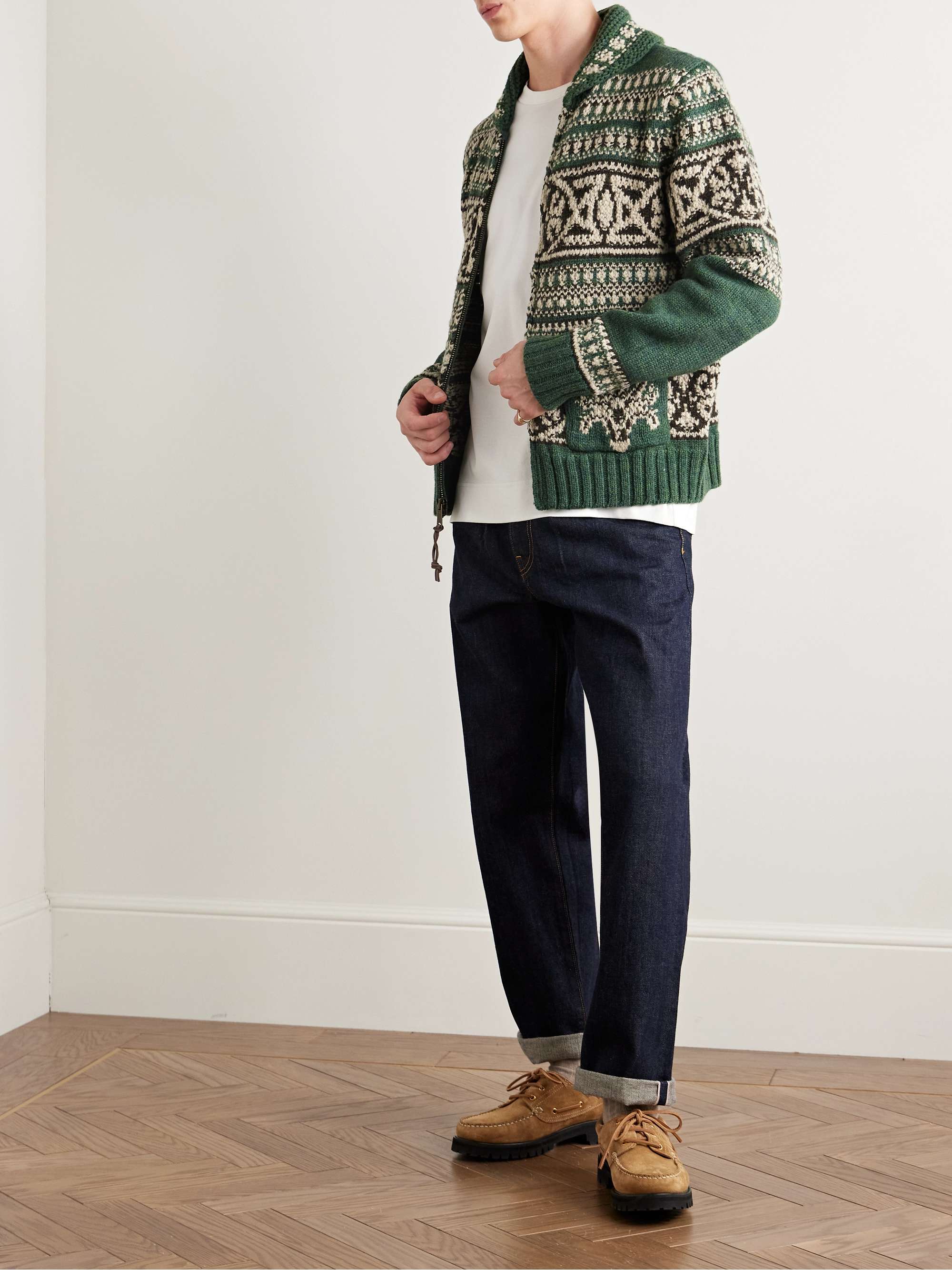 Shawl-Collar Jacquard-Knit Wool Zip-Up Cardigan view