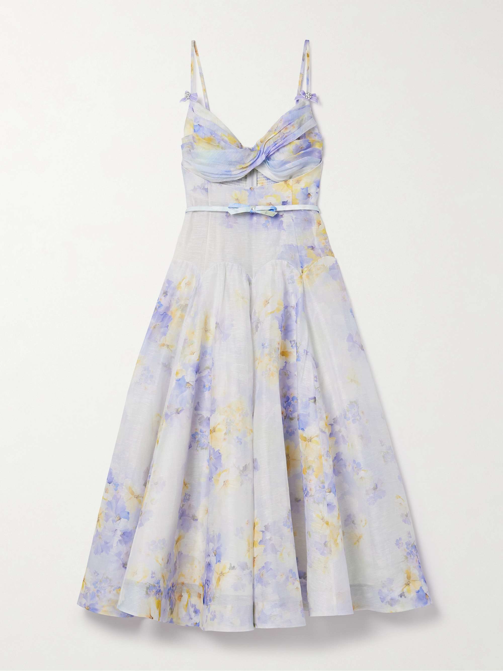 Crush belted twist-front embellished floral-print linen and silk-blend organza midi dress view