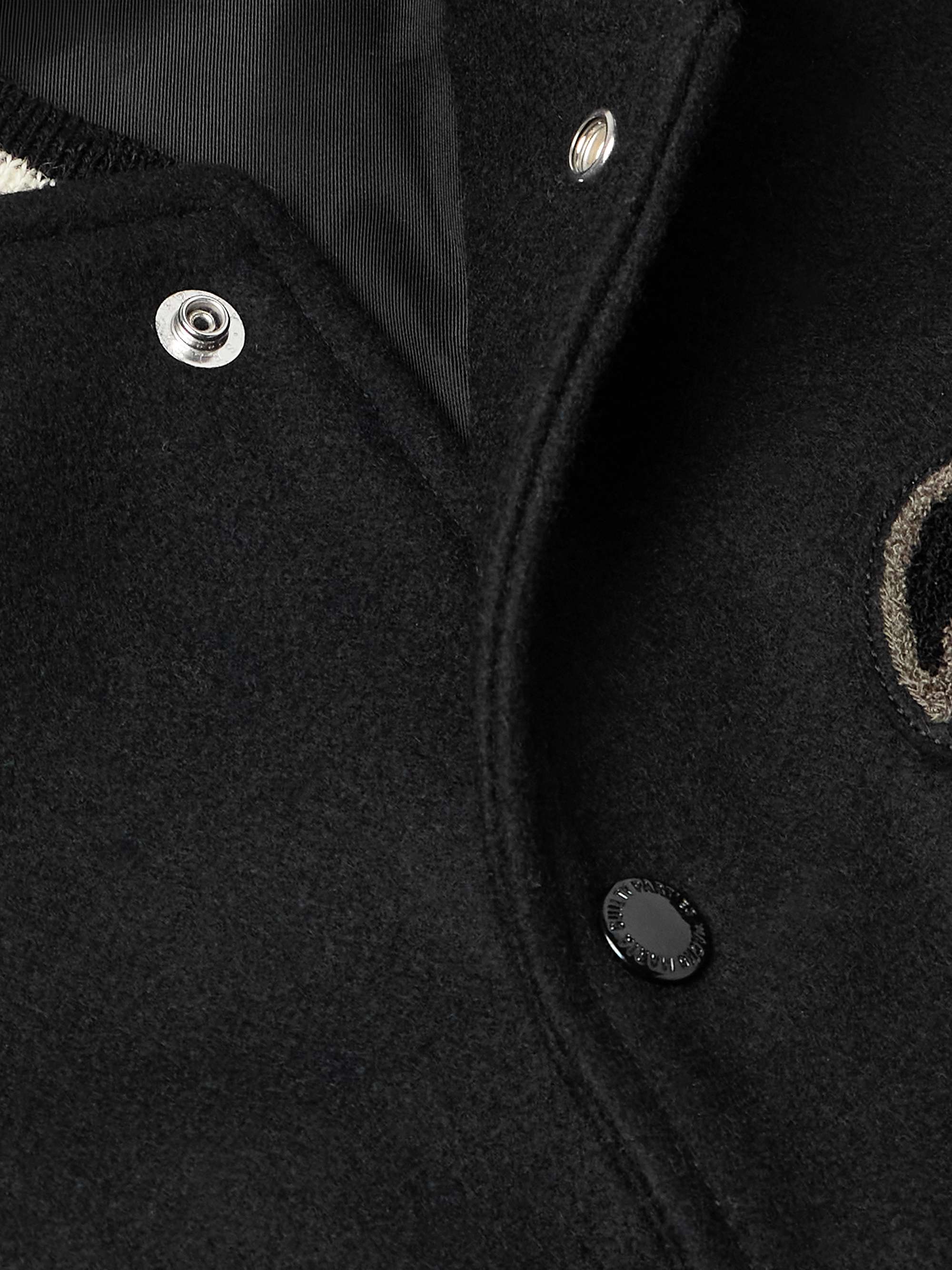 Leather-Panelled Striped Appliquéd Wool-Blend Varsity Jacket view