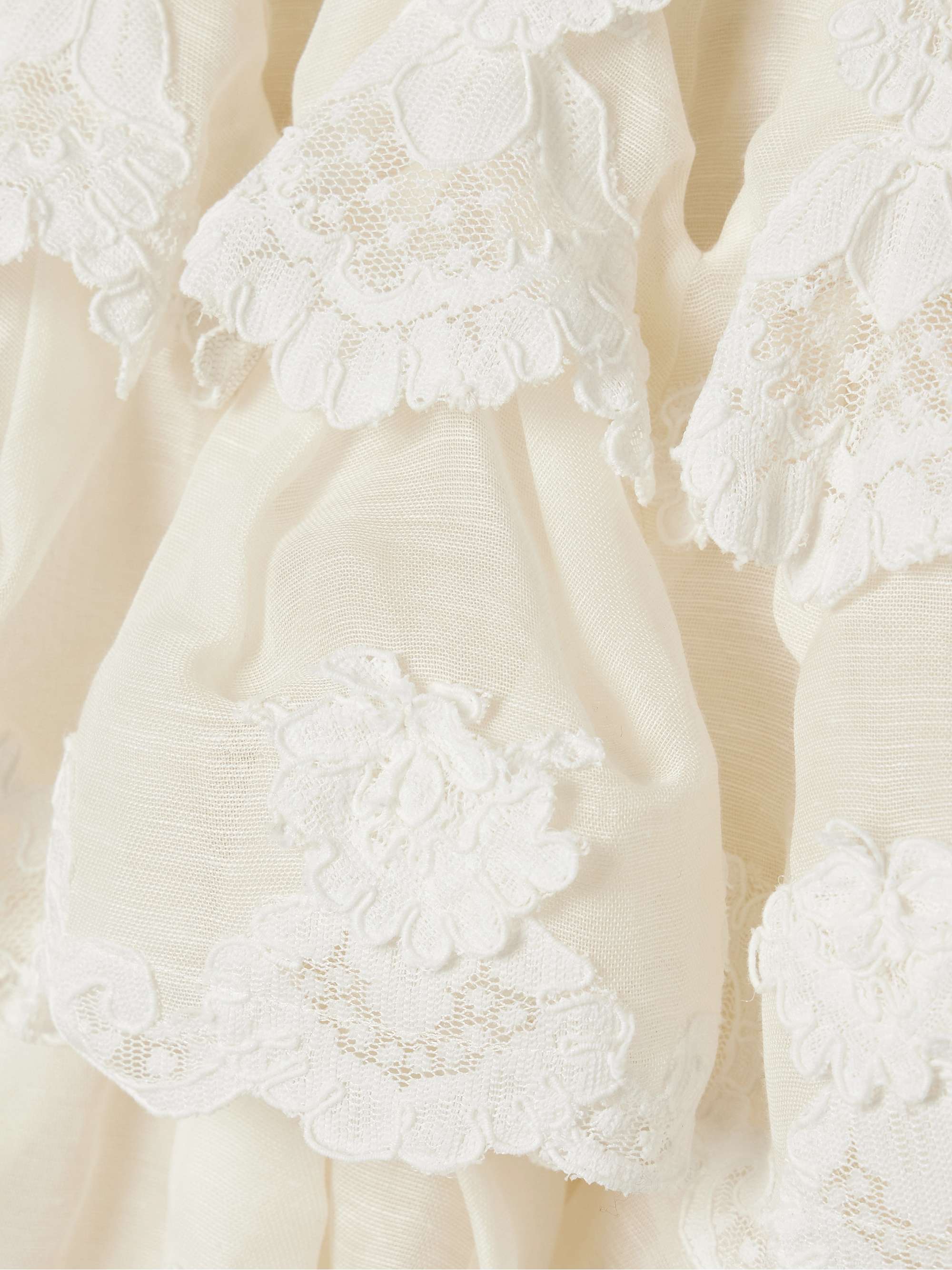 Crush tiered ruffled lace-trimmed linen and silk-blend mini dress view