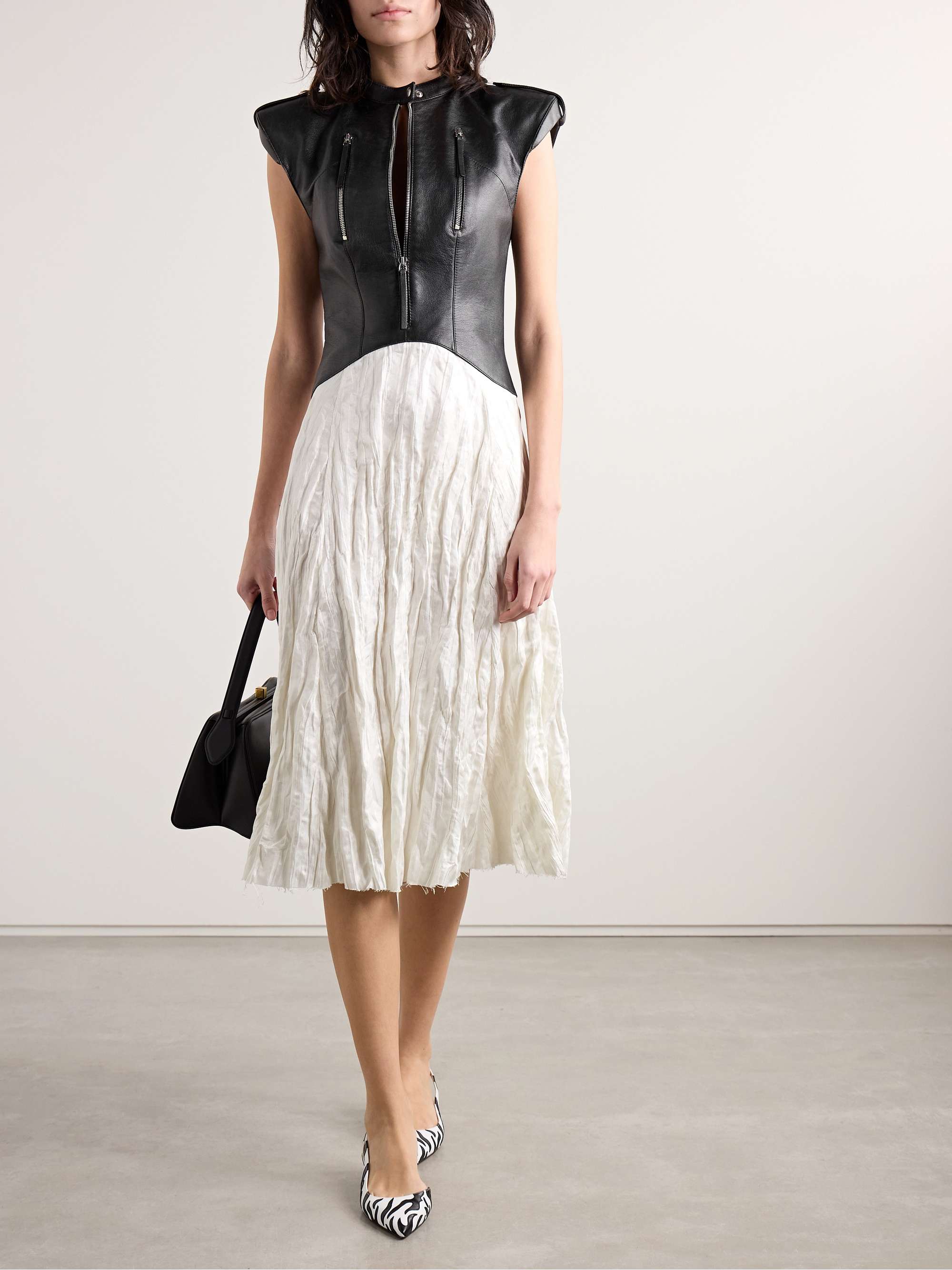 Athena paneled leather and crinkled silk-blend twill midi dress view