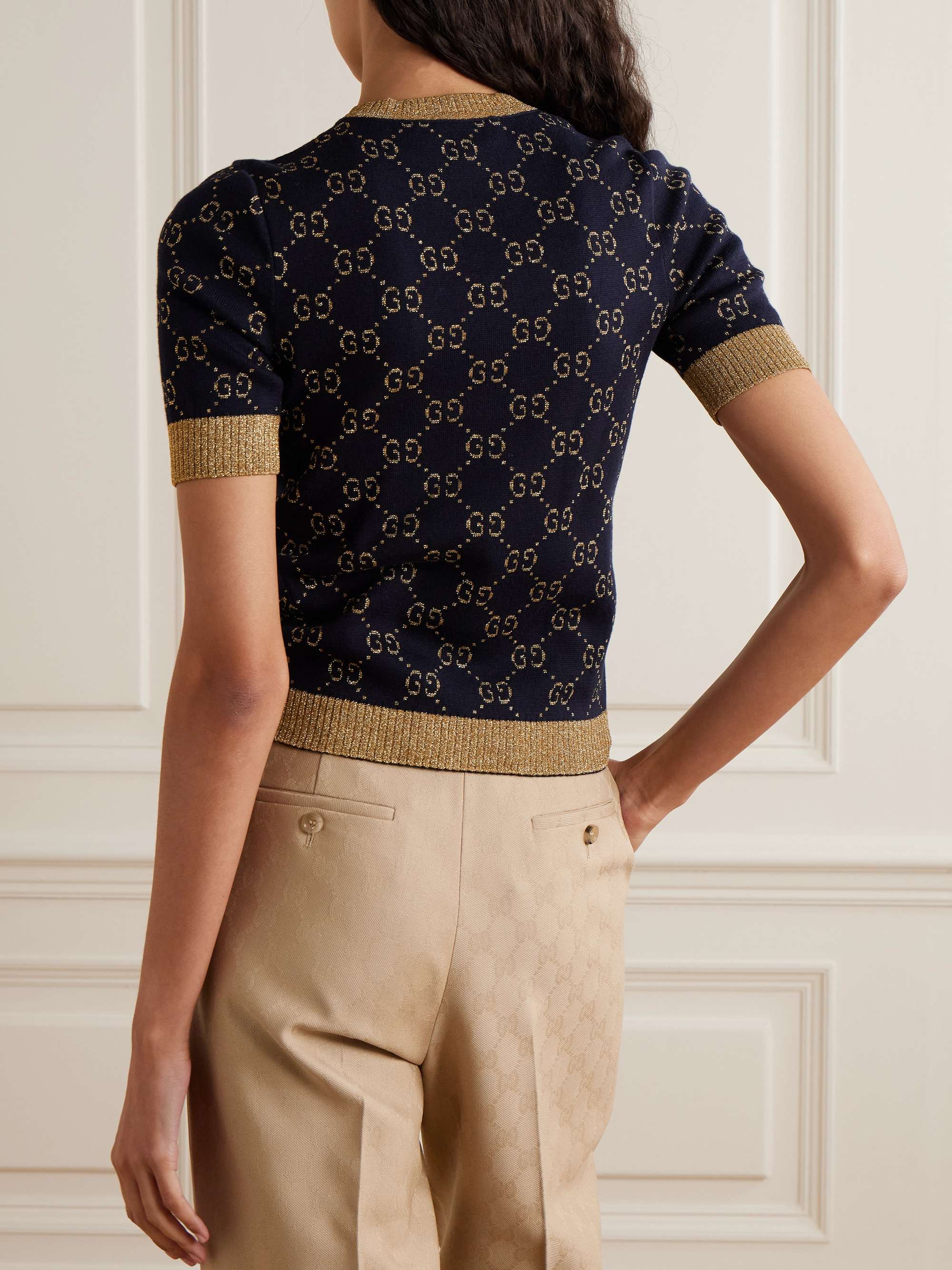 Metallic jacquard-knit cotton-blend sweater view