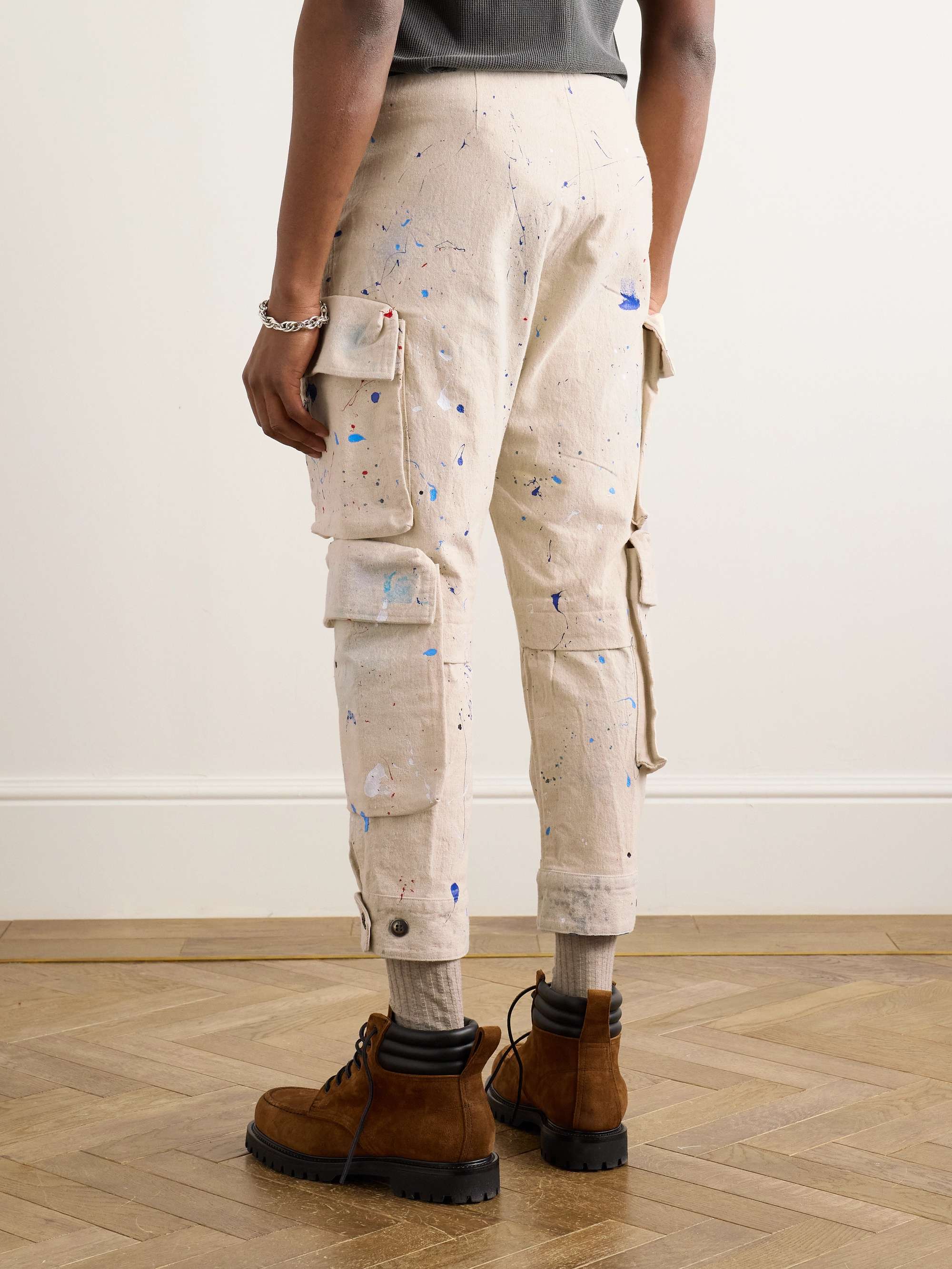 Tapered Cropped Paint-Splattered Cotton-Canvas Drawstring Cargo Trousers view