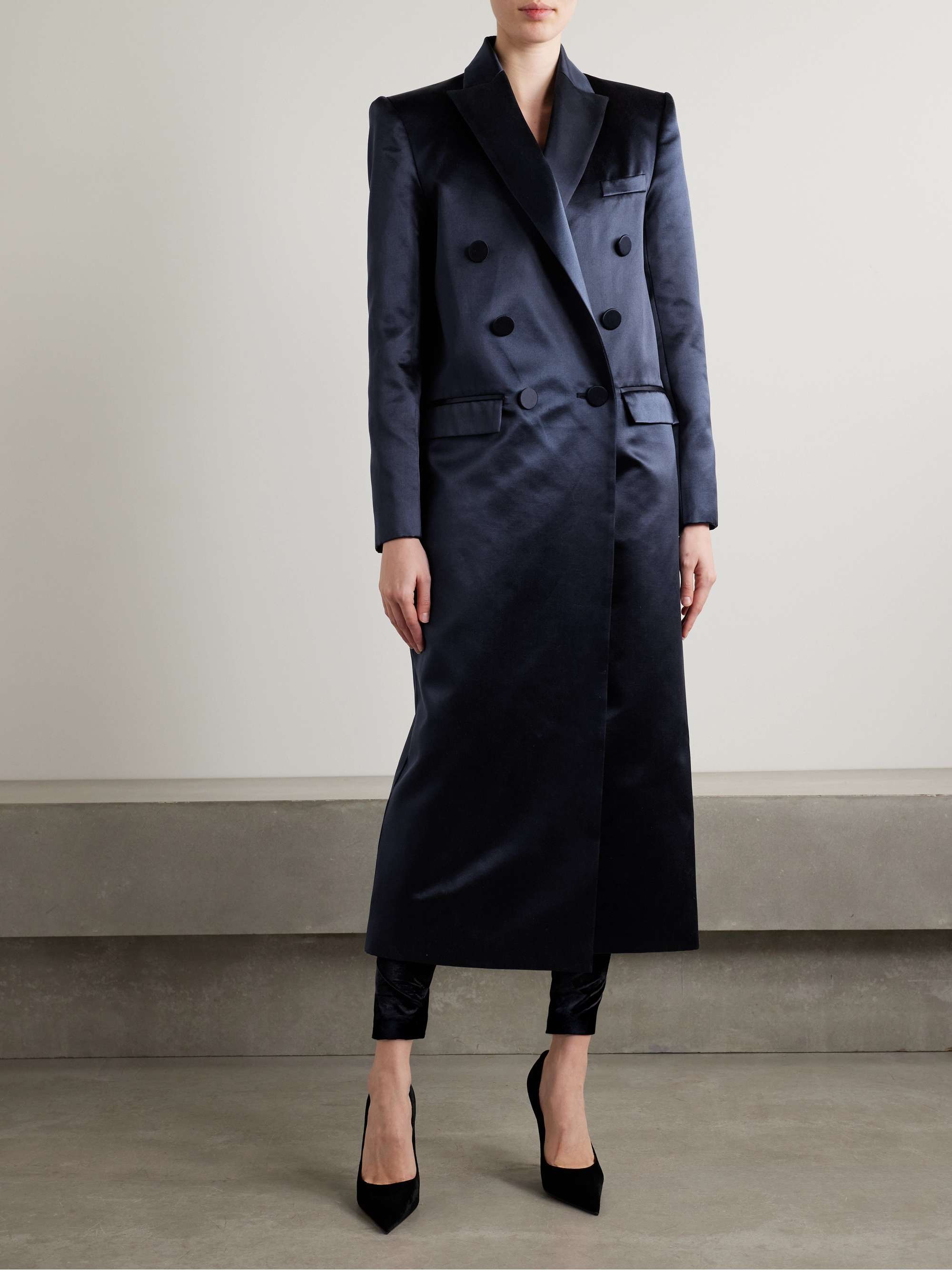 Double-breasted cotton and silk-blend satin coat view