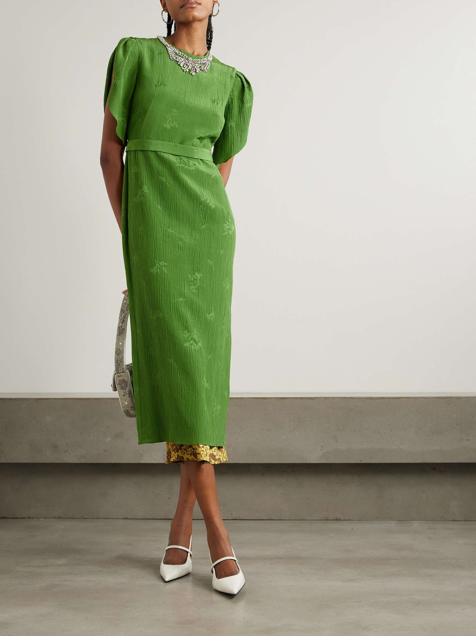 Belted embellished crinkled silk and cotton-blend jacquard midi dress view