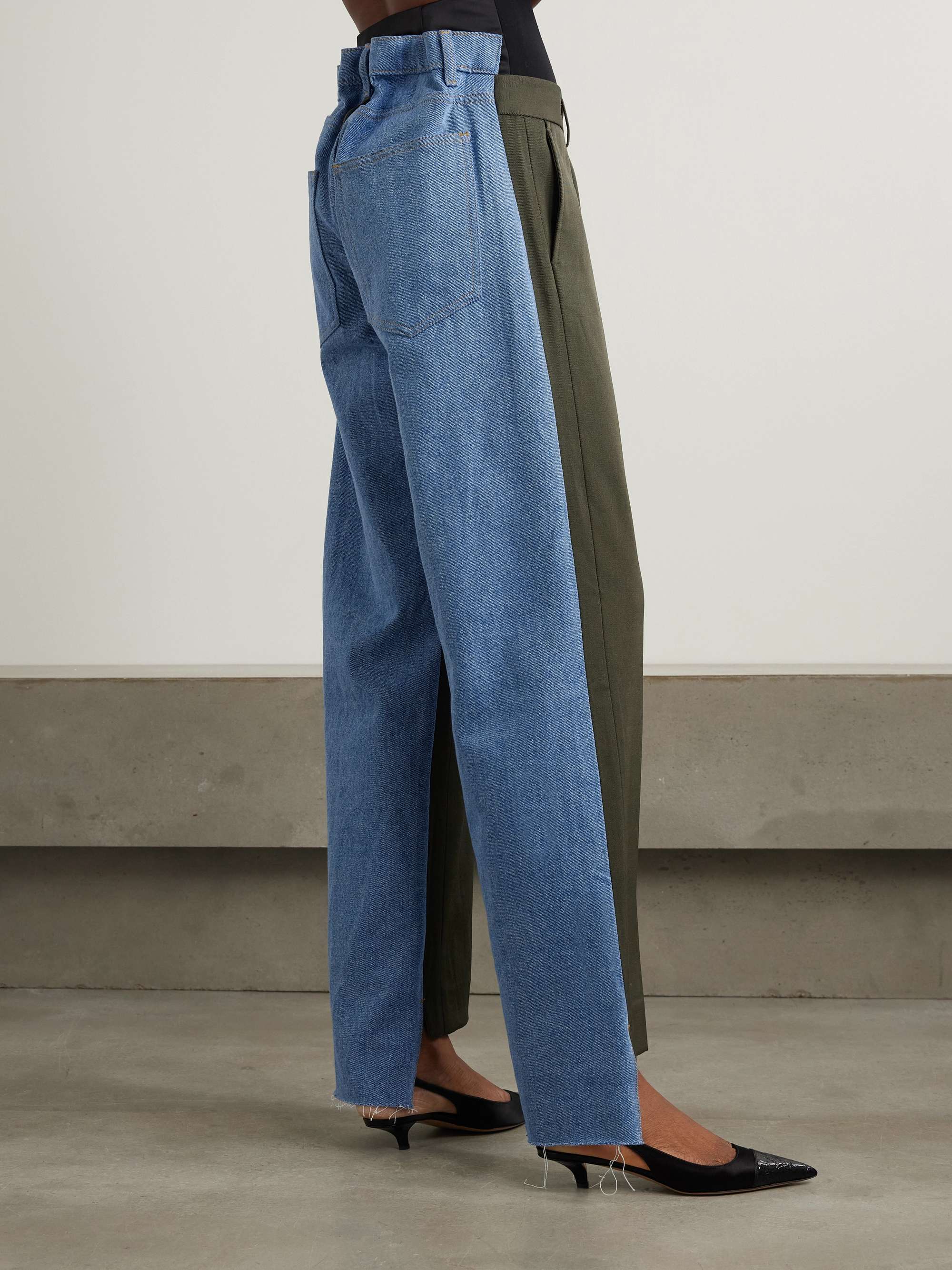 Denitrouser paneled pleated wool-blend and denim pants view