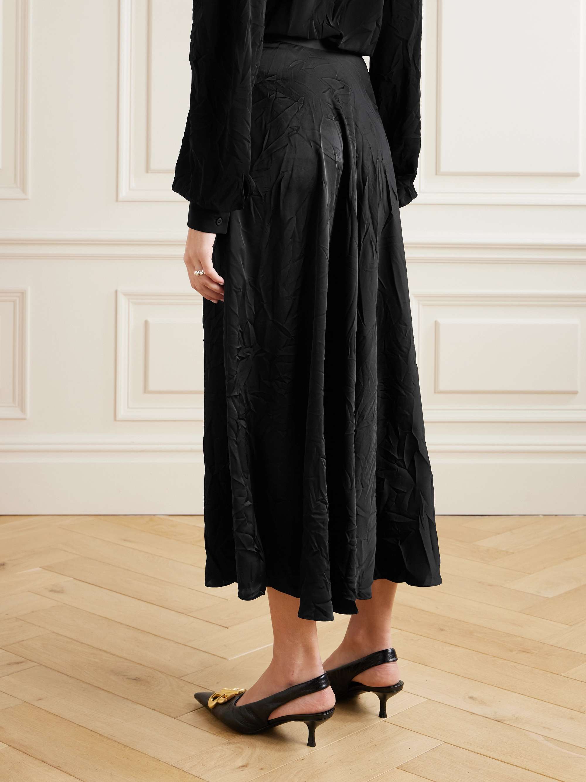 Pleated crinkled-satin midi skirt view
