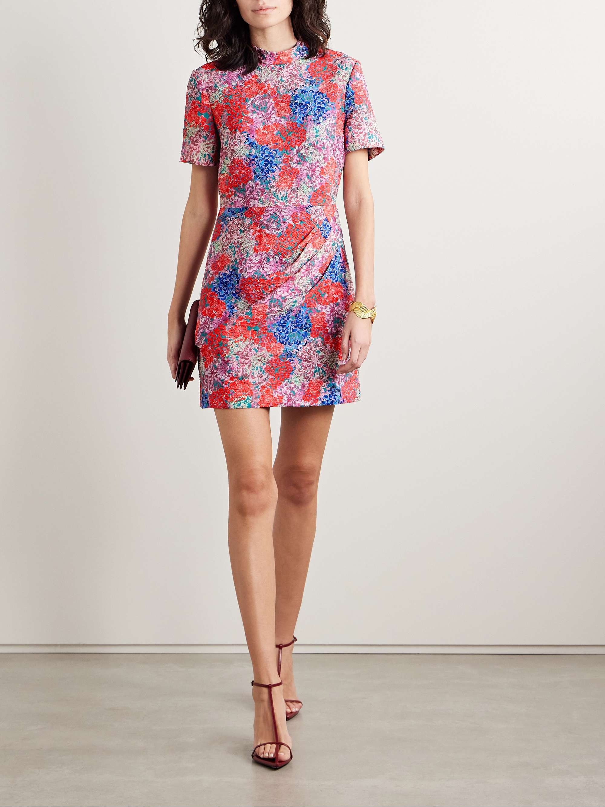 Draped floral-print cloqué mini dress view