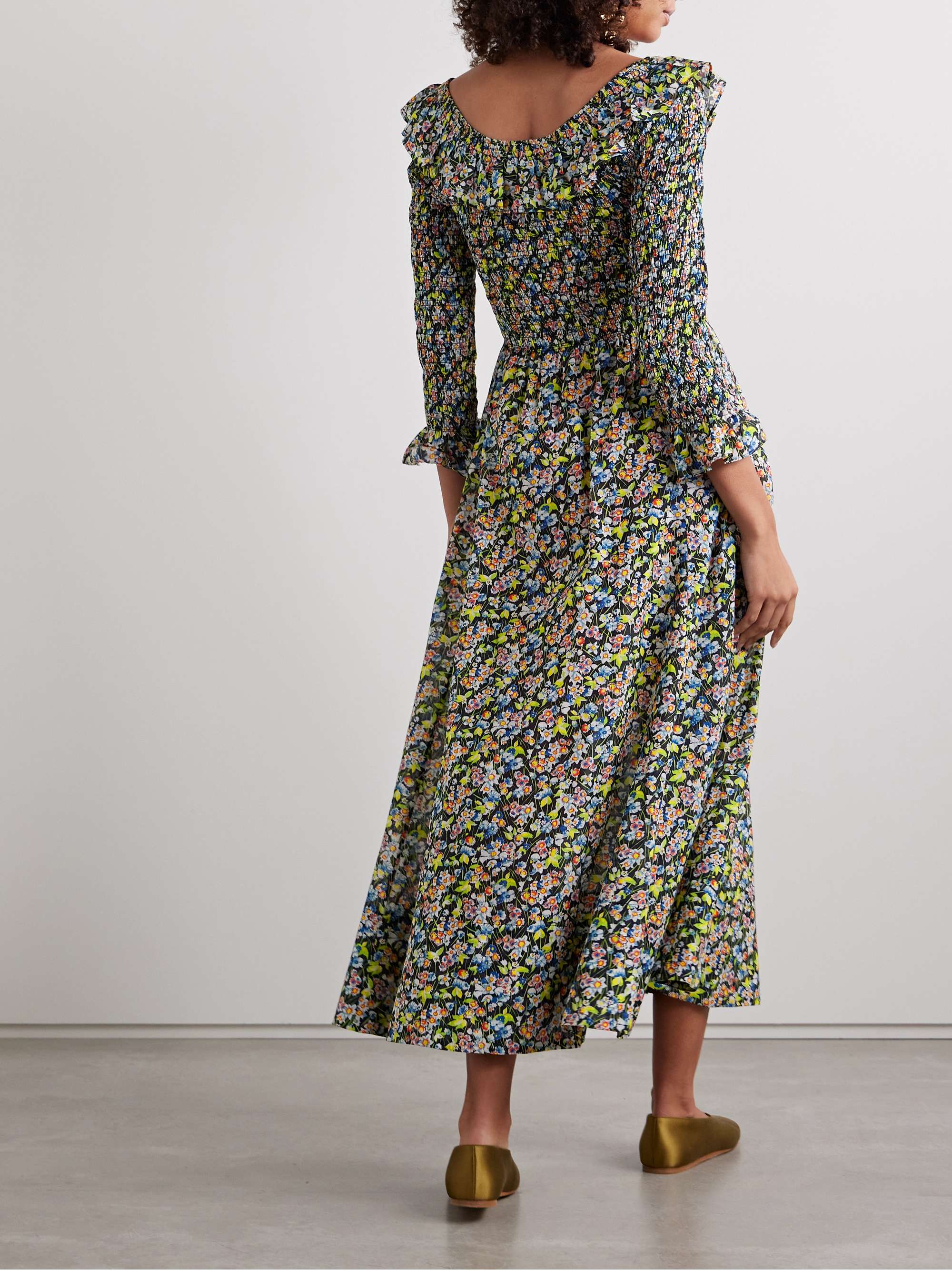 Rosenda ruffled shirred floral-print organic cotton-blend voile midi dress view