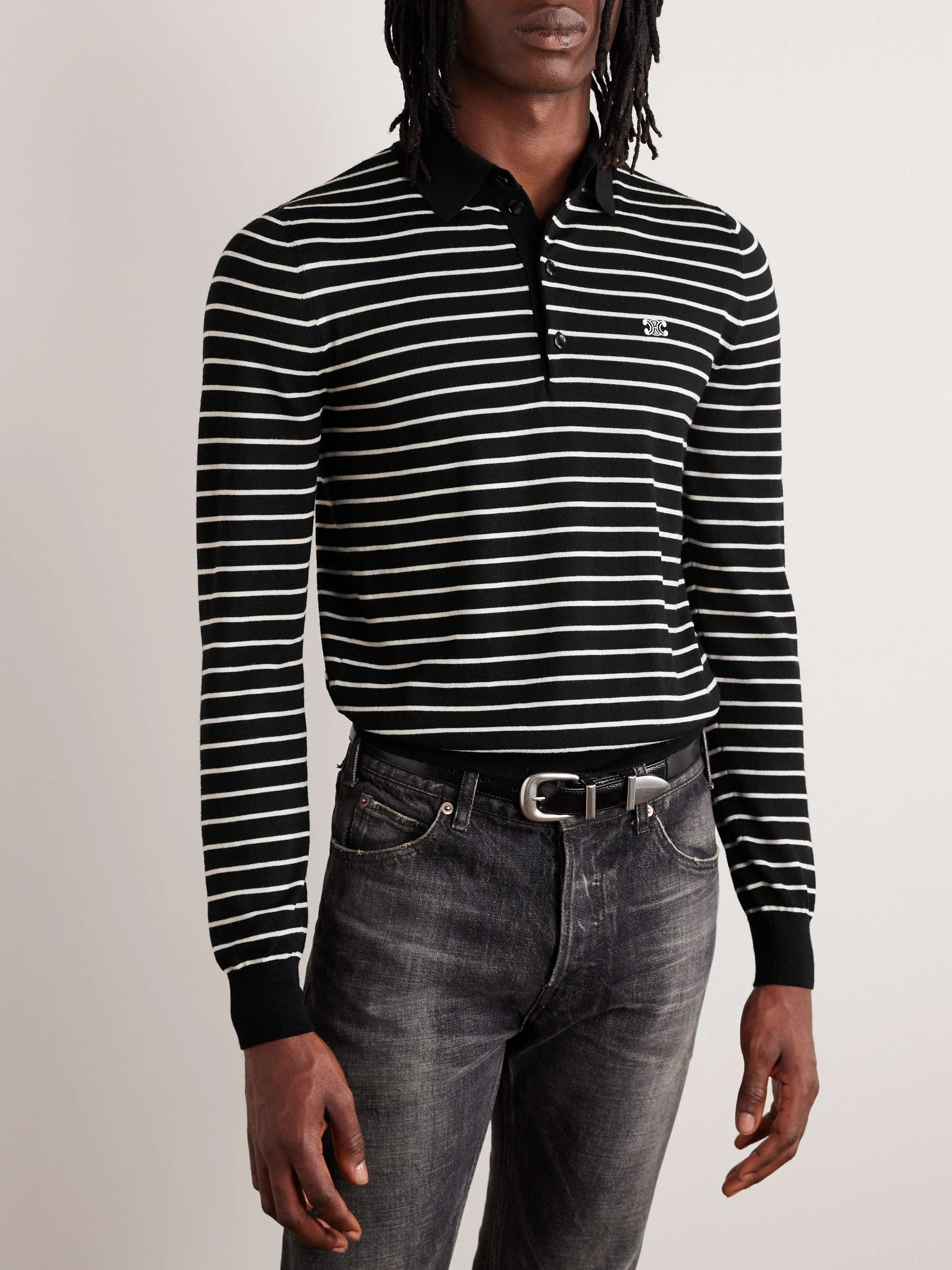Slim-Fit Logo-Embroidered Striped Wool Polo Shirt view