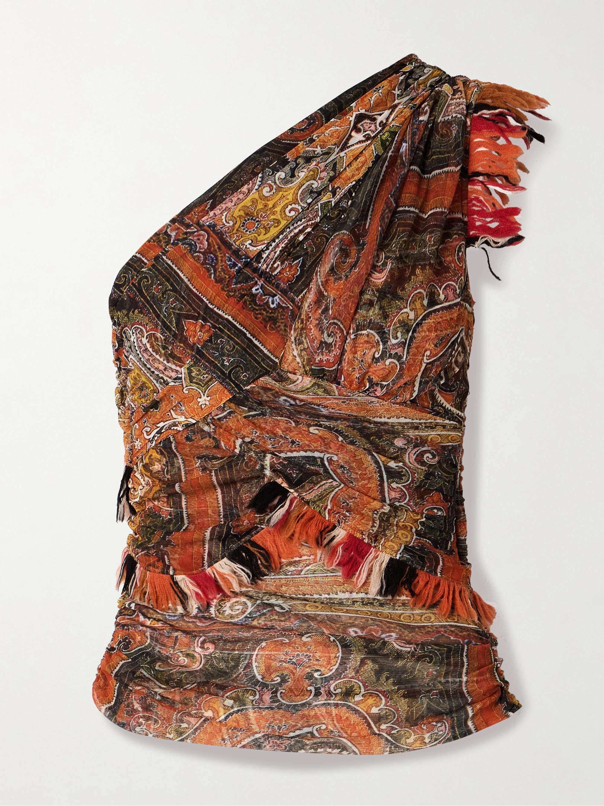 Devona one-shoulder fringed wrap-effect paisley-print mesh tank view