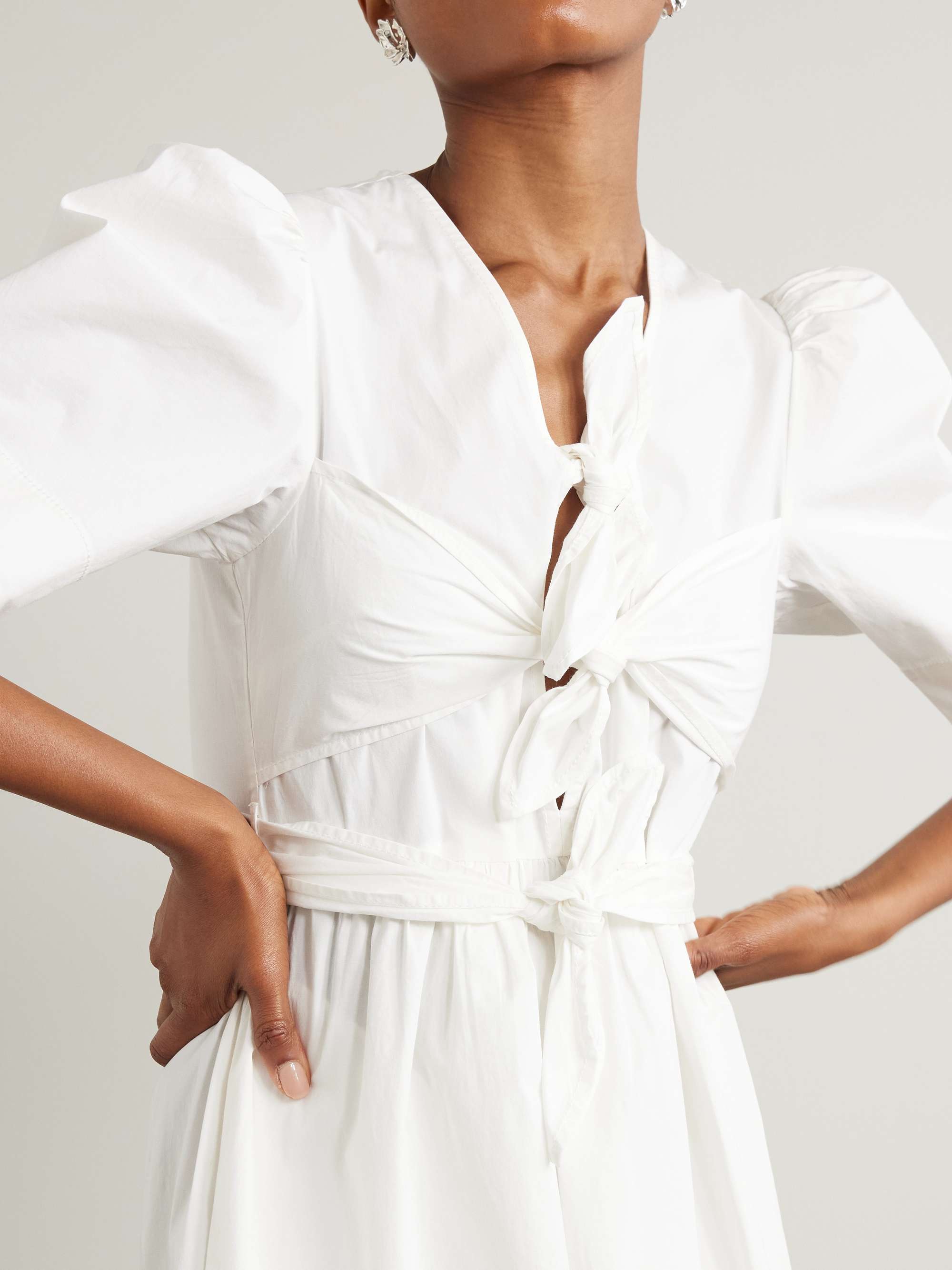 Belted tie-detailed gathered cotton-blend poplin midi dress view