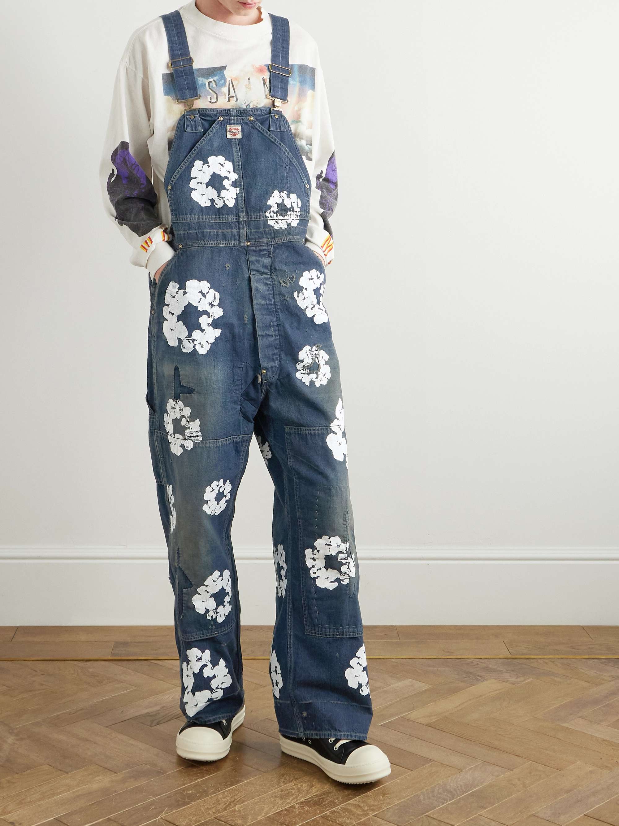 + Denim Tears Distressed Patchwork Floral-Print Denim Overalls view