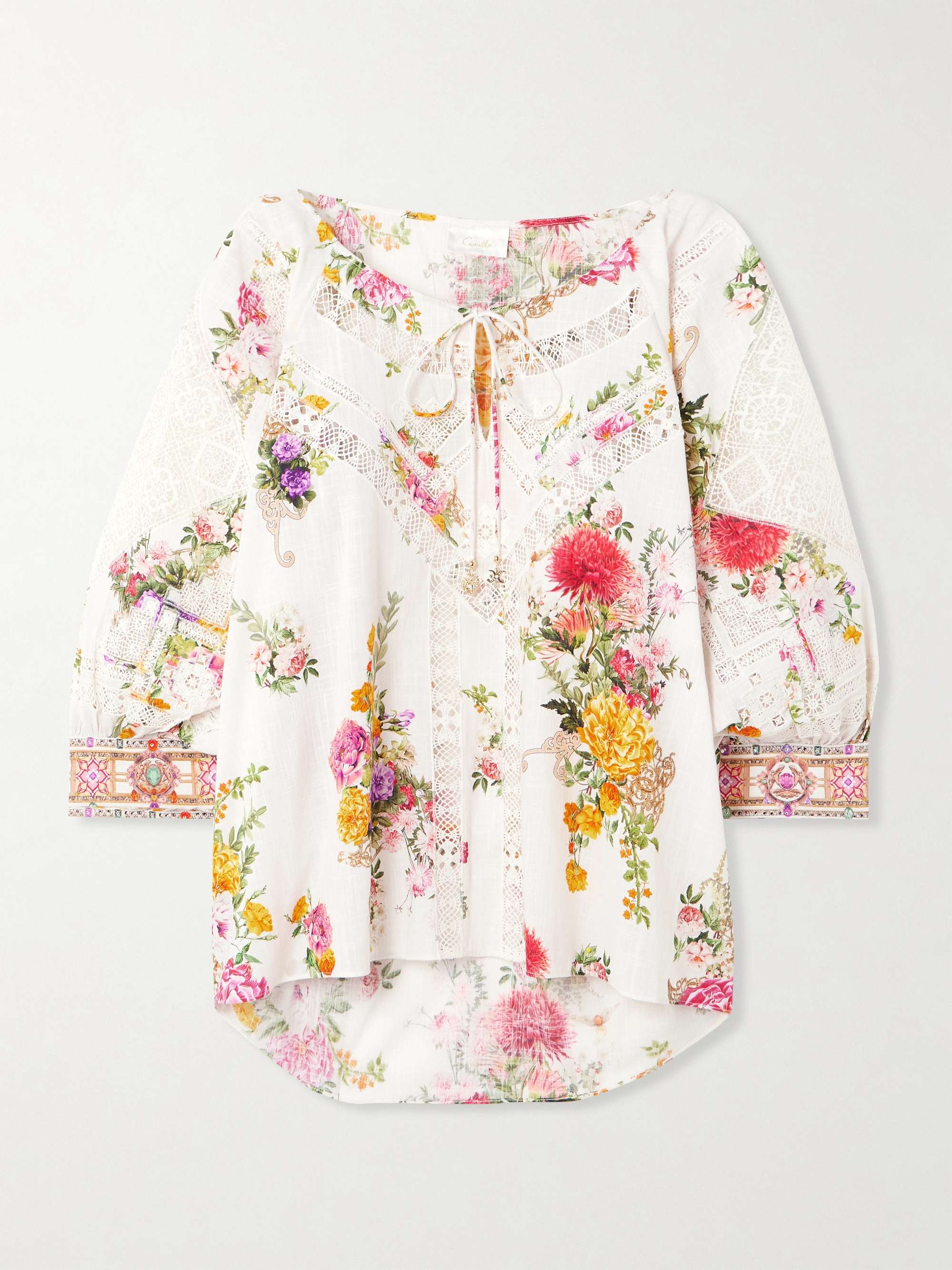 Tie-detailed embellished guipure lace-trimmed floral-print cotton-voile blouse view