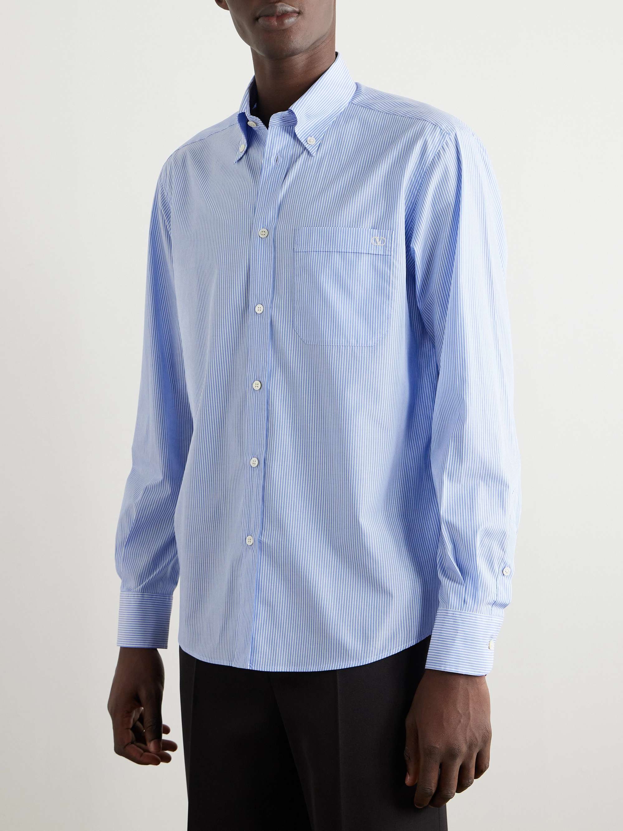 Button-Down Collar Logo-Embroidered Striped Cotton-Poplin Shirt view