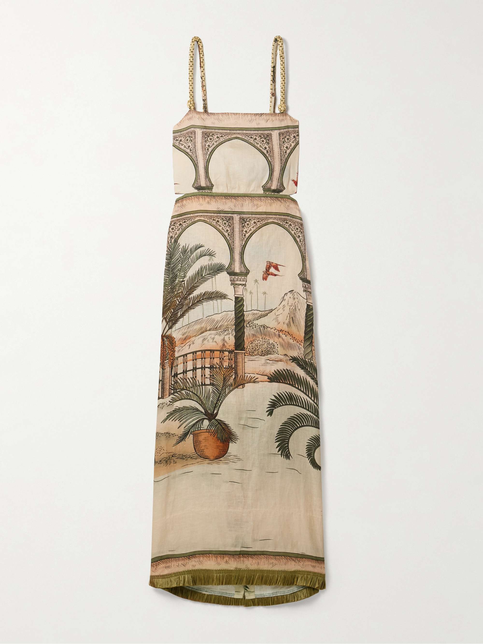 Cartagening tasseled straw-trimmed printed linen-voile midi dress view