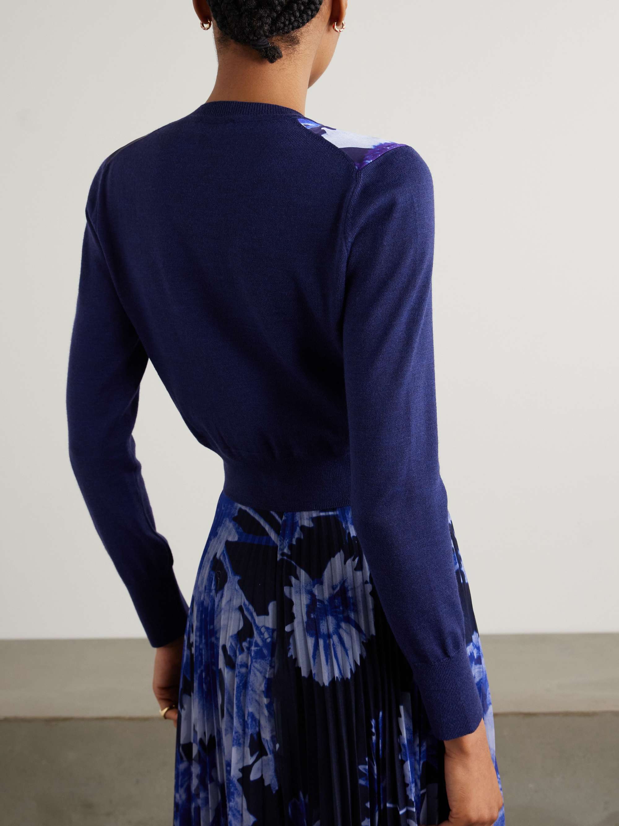 Merino wool and floral-print satin cardigan view