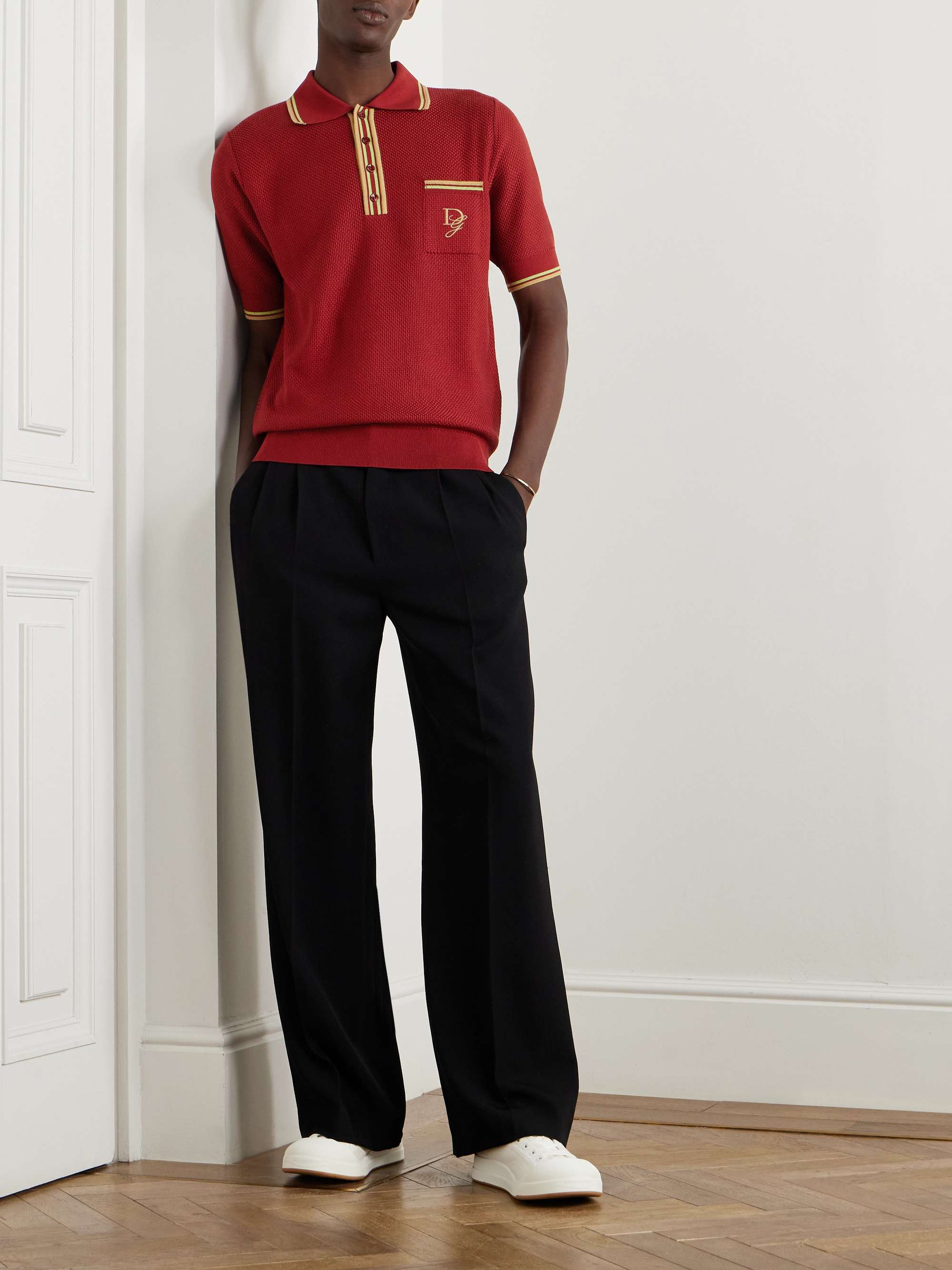 Logo-Embroidered Striped Basketweave Silk Polo Shirt view