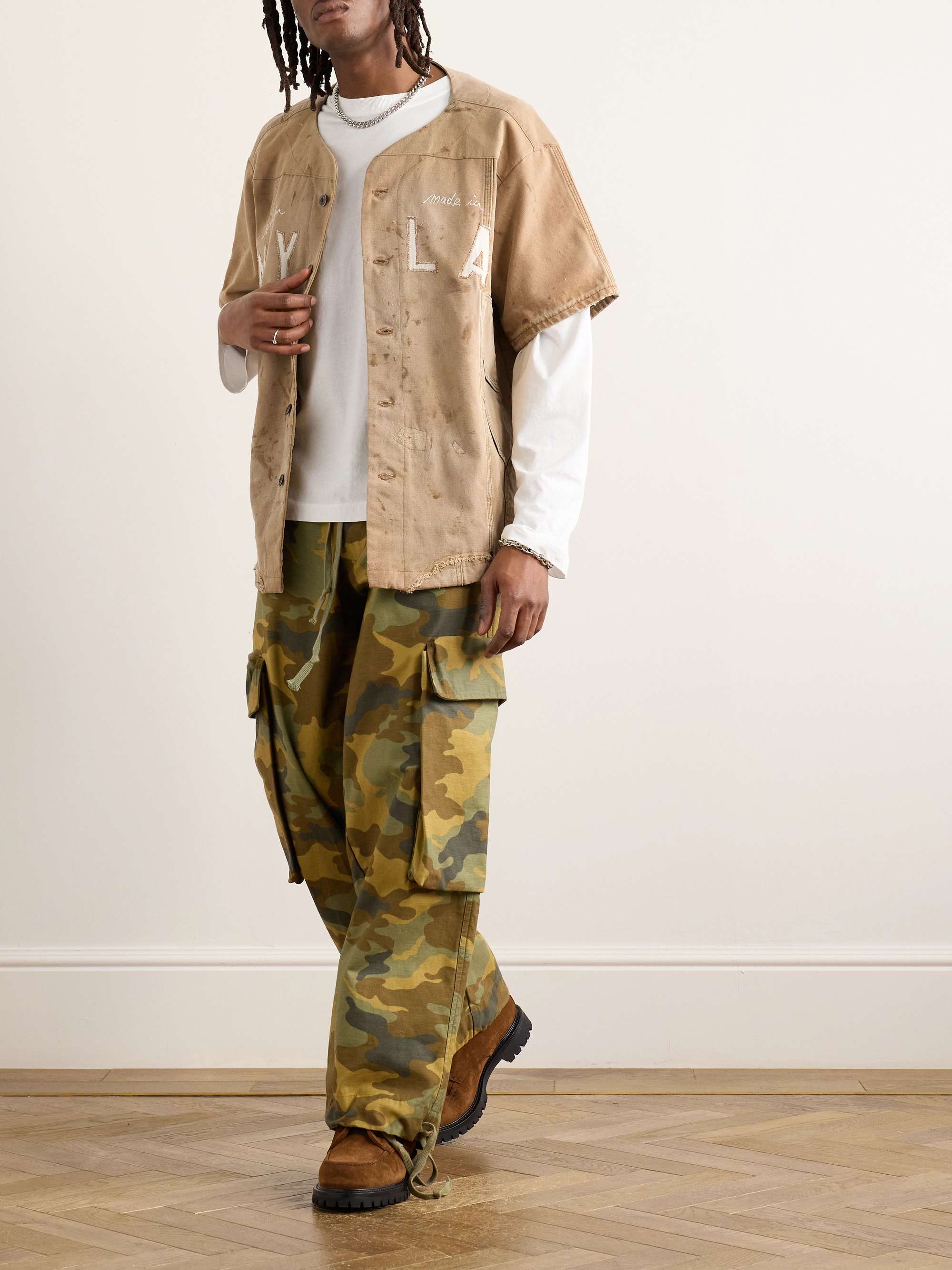 Frayed Appliquéd Embroidered Distressed Cotton-Canvas Shirt view
