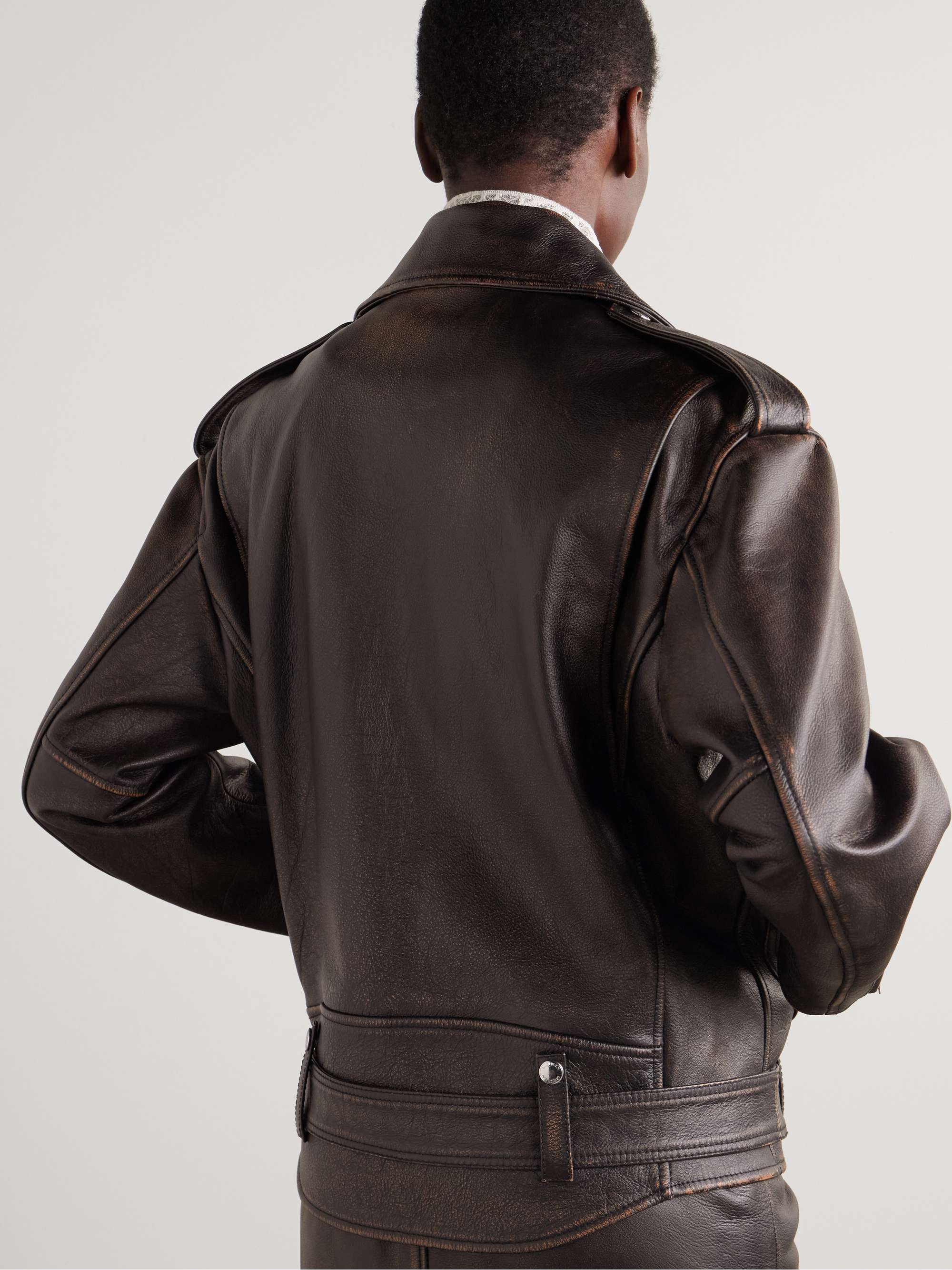 Distressed leather biker jacket view