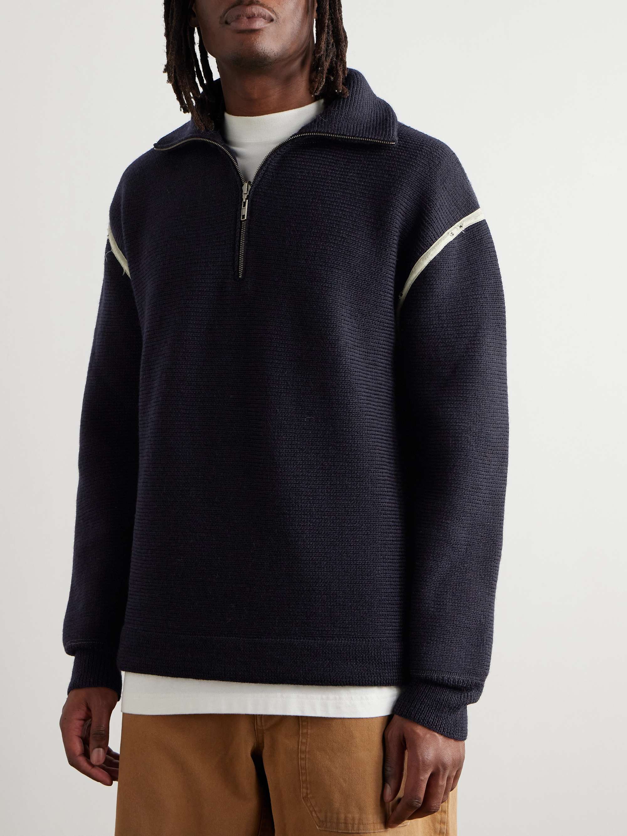 Denim-Trimmed Wool Half-Zip Sweater view