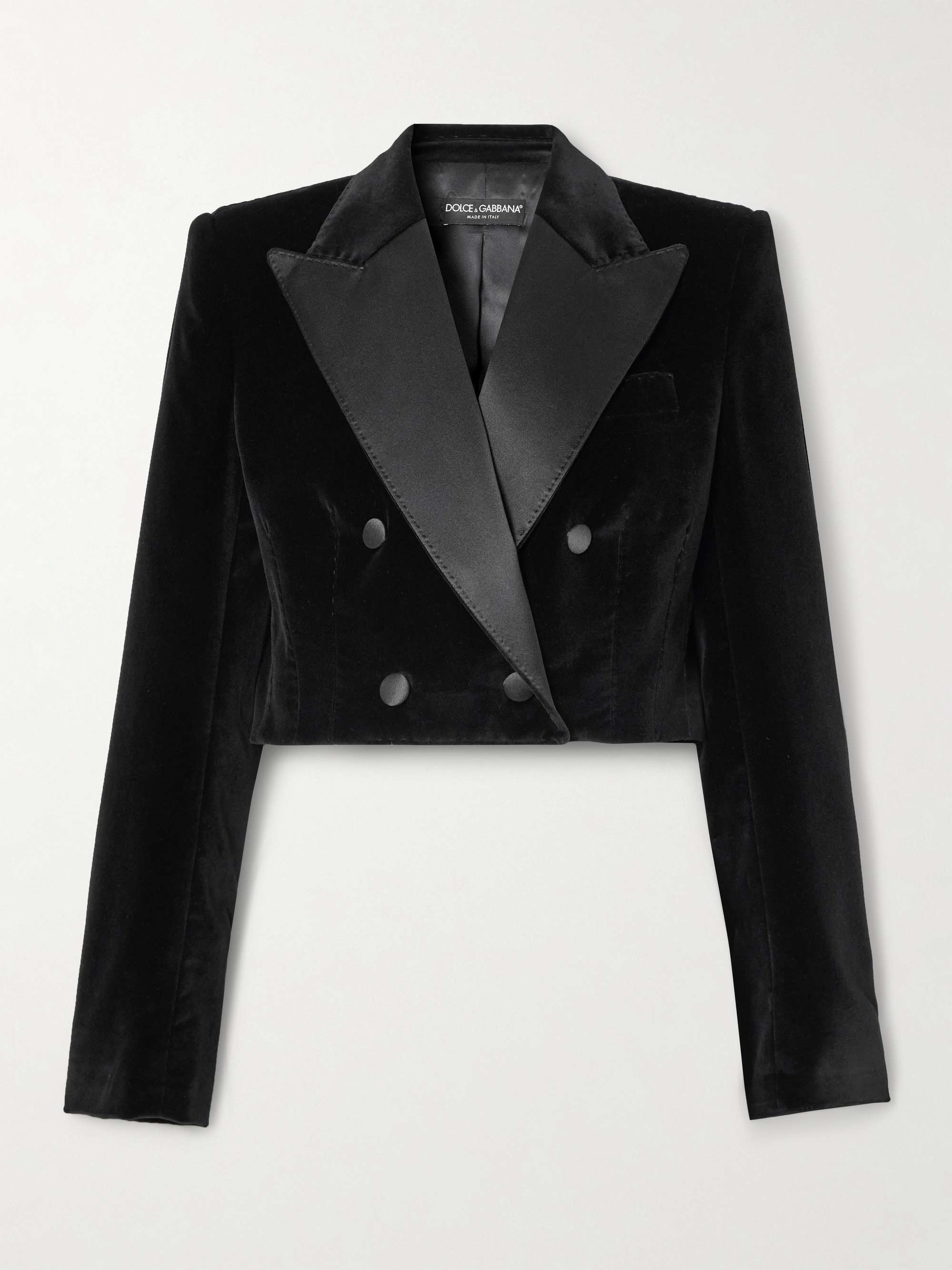 Cropped double-breasted satin-trimmed velvet blazer view